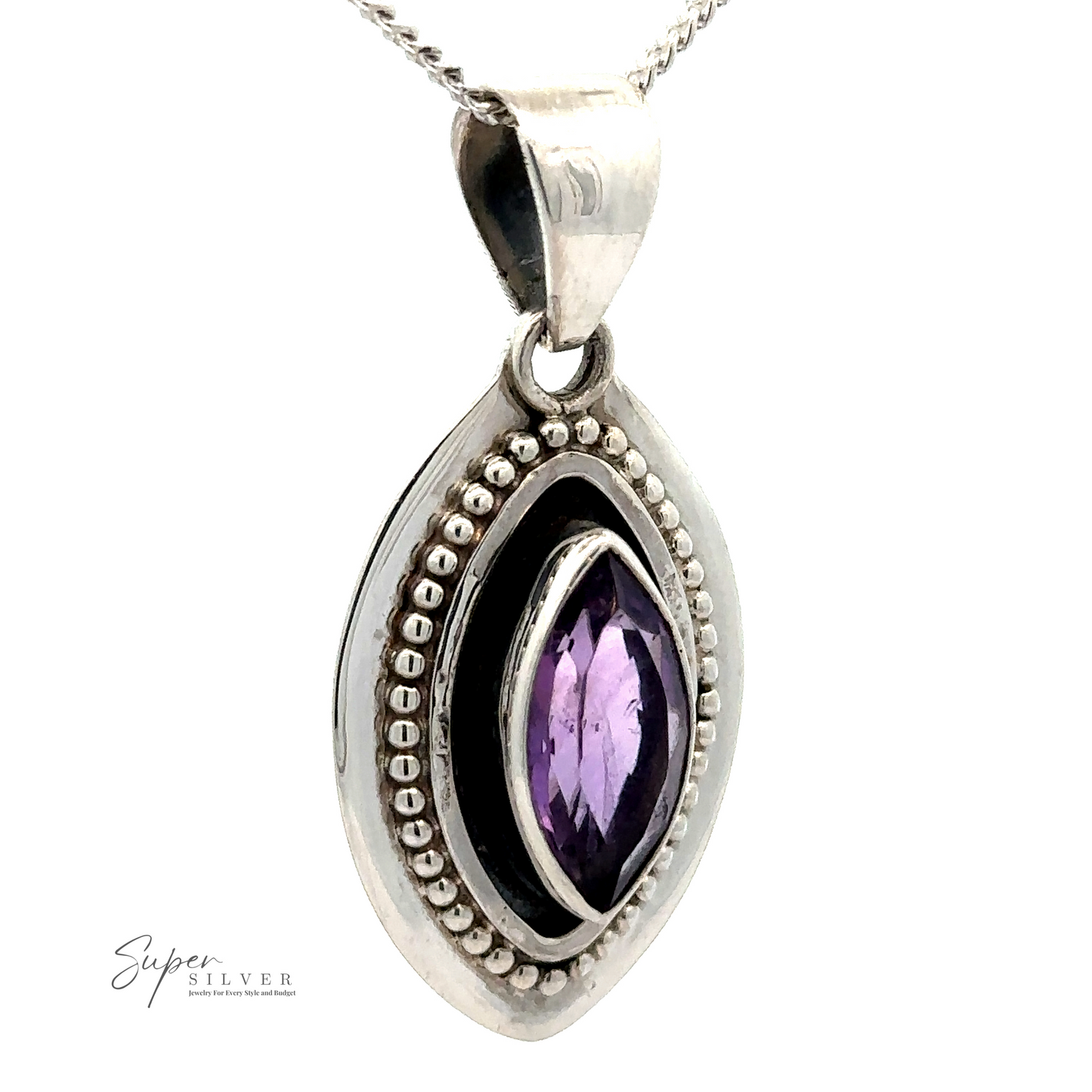 
                  
                    A Beautiful Marquise Pendant With Beaded Design featuring a faceted amethyst gemstone at the center, surrounded by a beaded design. The "Super Silver" logo is visible in the bottom left corner.
                  
                
