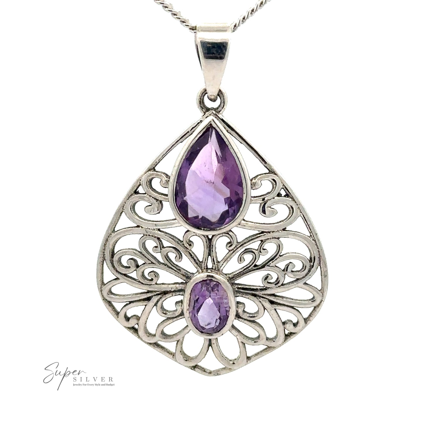 A Teardrop Filigree Gemstone Pendants with two purple amethyst gemstones, one teardrop-shaped at the top and one oval-shaped at the bottom, featuring intricate filigree detailing.