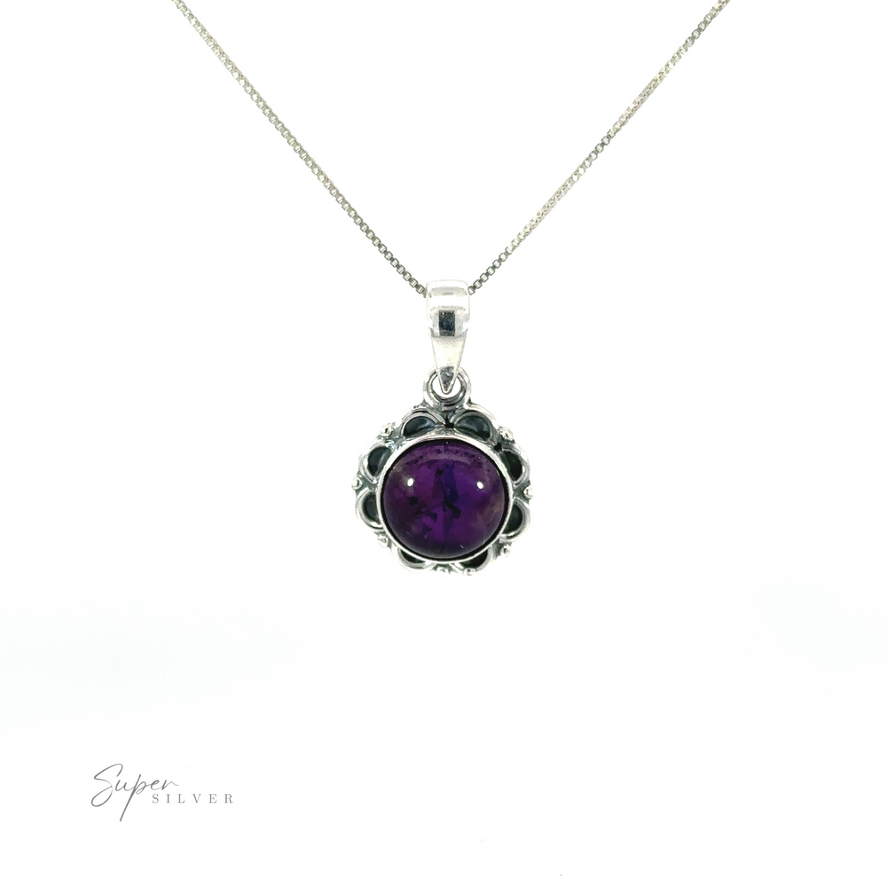 A Round Gemstone Pendant with Flower Border with everyday style on a silver chain.
