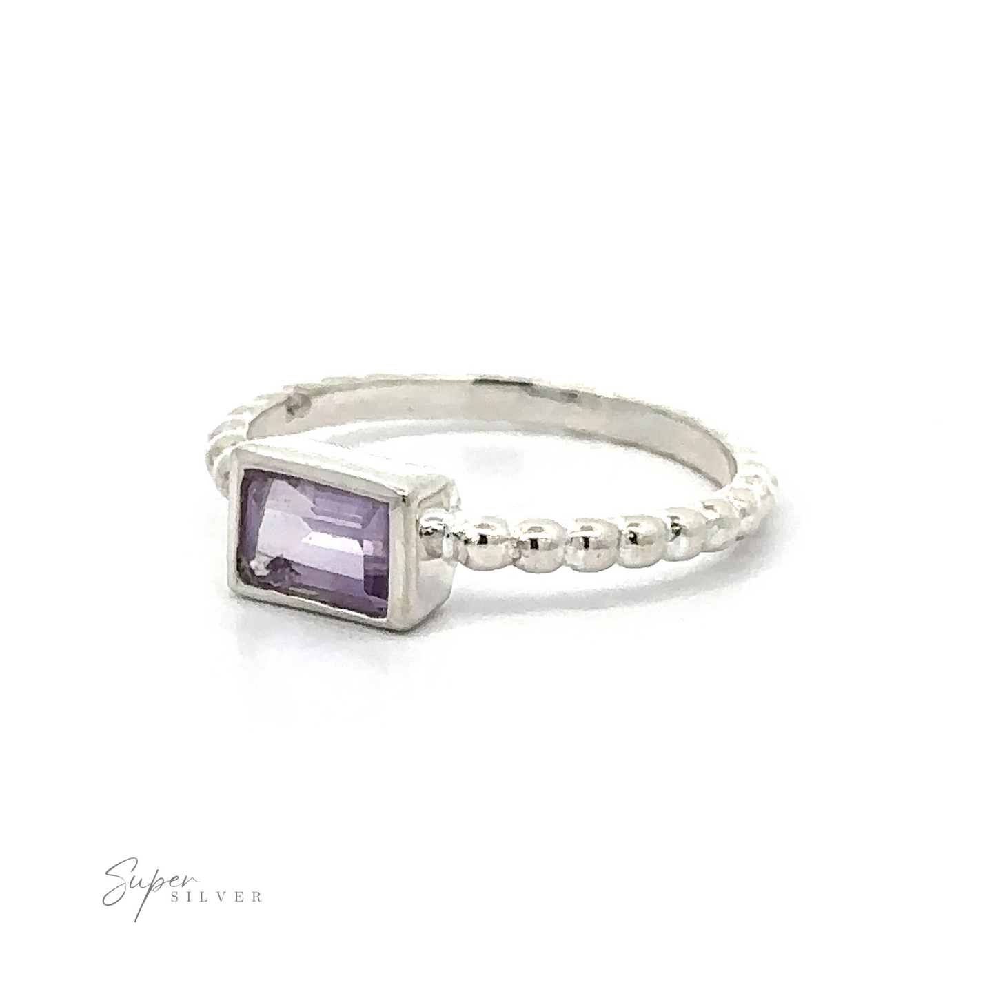 
                  
                    Rectangular Gemstone Ring with Beaded Band with an Amethyst rectangular gemstone on a white background.
                  
                