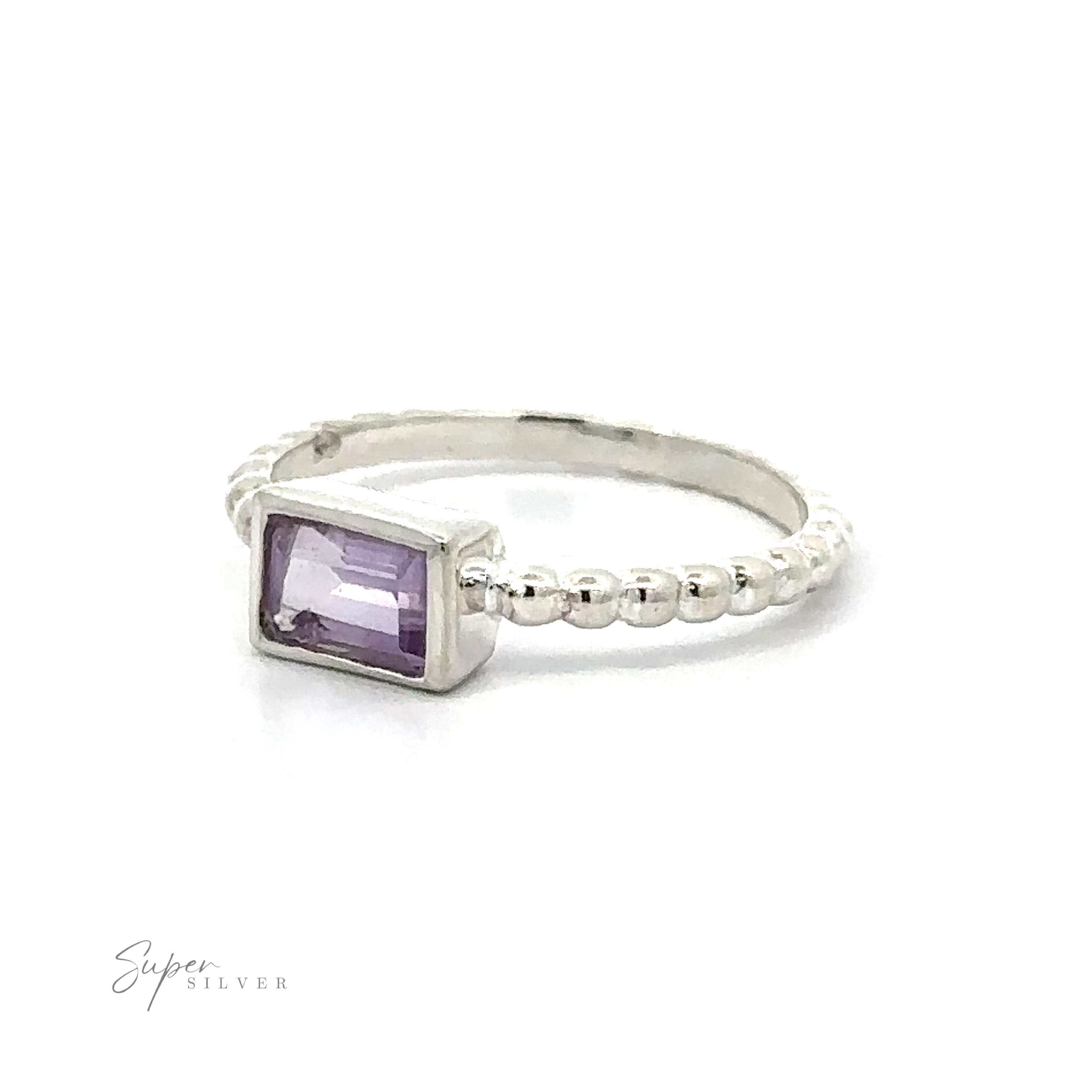 Rectangular Gemstone Ring with Beaded Band with an Amethyst rectangular gemstone on a white background.
