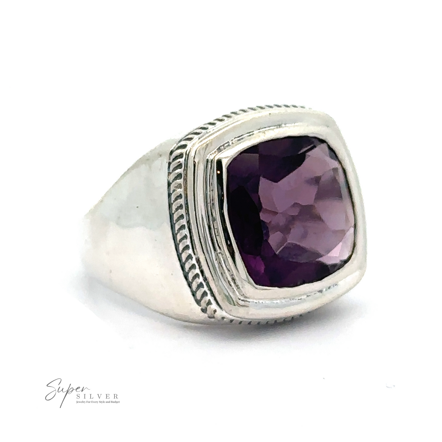 Sterling silver Faceted Stone Signet Ring featuring a square cut Amethyst gemstone set in a bezel setting with decorative grooves around the edge. Logos in black text appear at the bottom left.