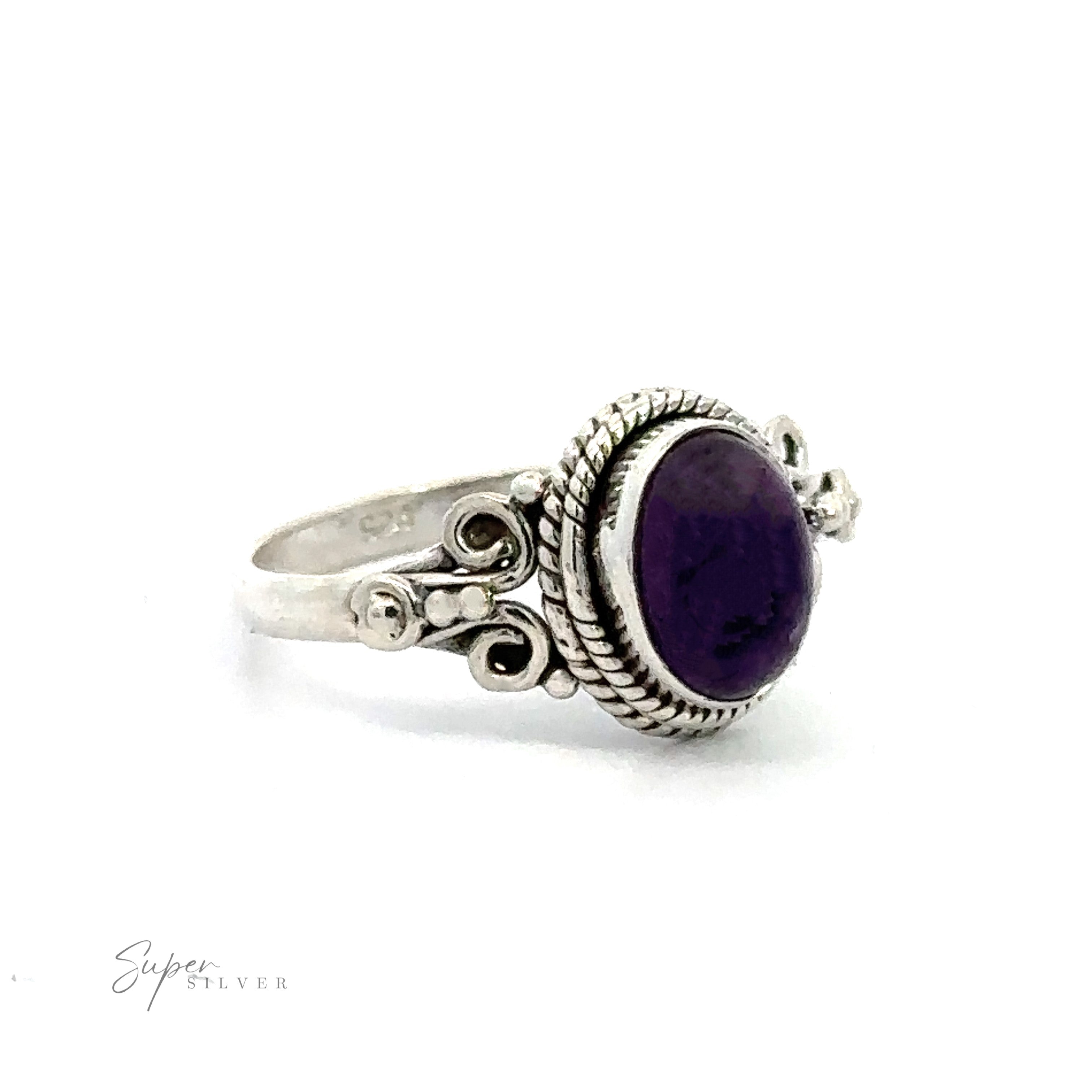 Natural Oval Gemstone Ring with Intricate Rope and Long Spiral Border with a round purple gemstone and decorative band, showcasing a vintage appeal.