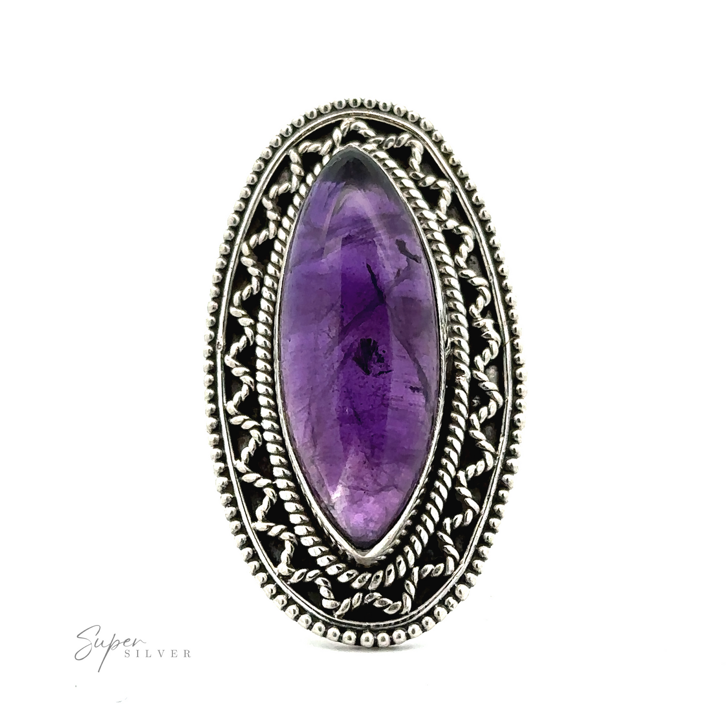 
                  
                    An oval-shaped purple gemstone set in an ornate silver filigree ring, with "Marquise Shaped Gemstone Ring With Vintage Shield Border" embossed in the bottom left corner, giving it a vintage appeal with a subtle bohemian twist.
                  
                