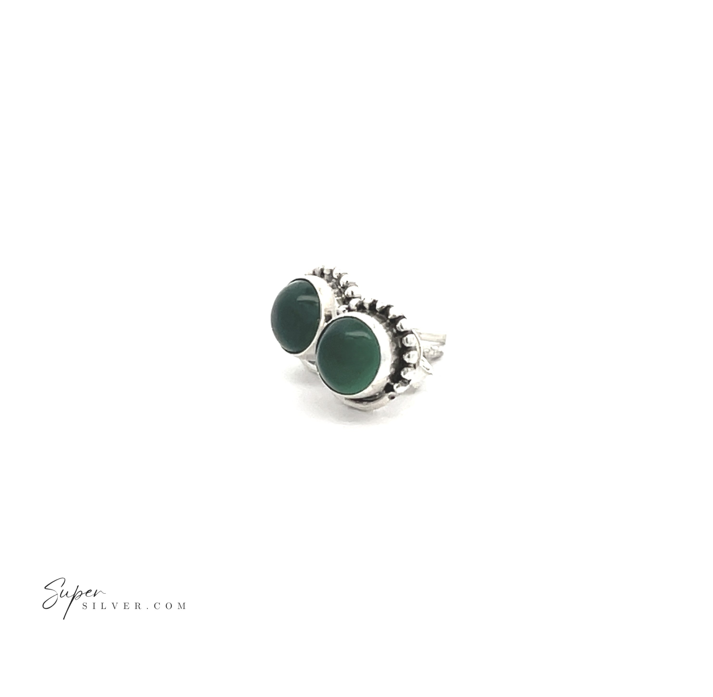 5mm Gemstone Studs With Half Bead Design—sterling silver stud earrings with round green stones and a beaded edge, displayed on a white background. The perfect natural stone earrings for any occasion.
