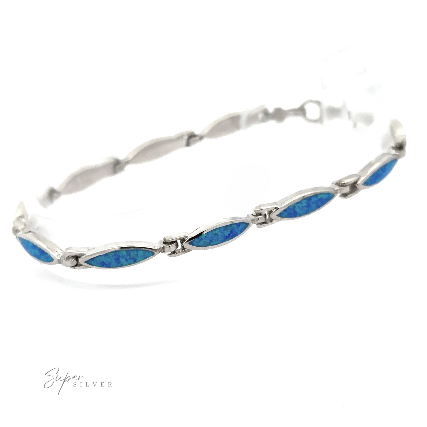 
                  
                    The Marquise Shaped Lab-Created Opal Bracelet, made of .925 Sterling Silver and featuring a series of blue lab-created opal stone inlays in marquise-shaped links, is displayed against a white background. The words "Super Silver" appear in the lower left corner, highlighting its modern design.
                  
                