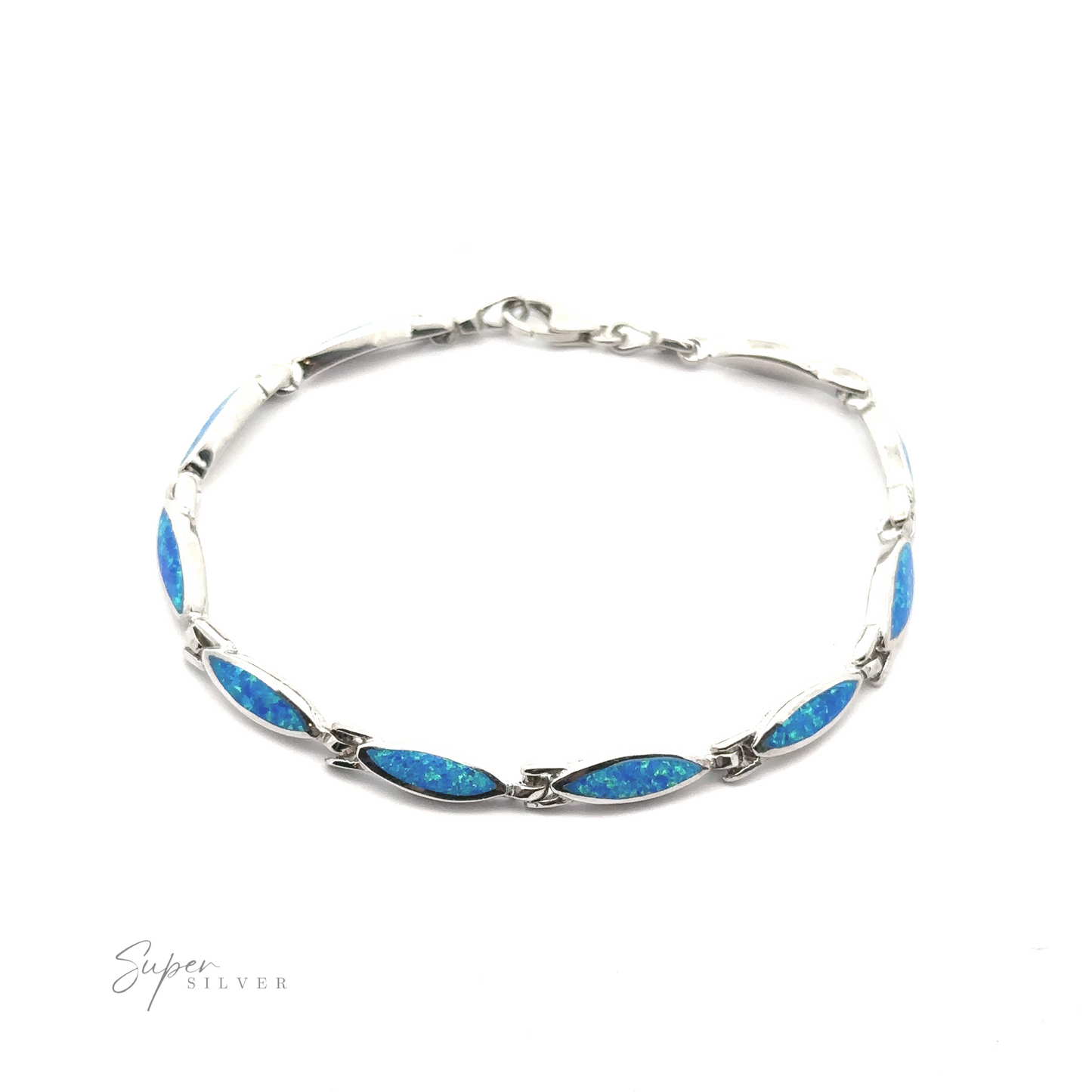 
                  
                    The Marquise Shaped Lab-Created Opal Bracelet is a .925 Sterling Silver bracelet with lab-created opal insets in marquise-shaped links, featuring a clasp closure. Text in the corner reads "Super Silver.
                  
                