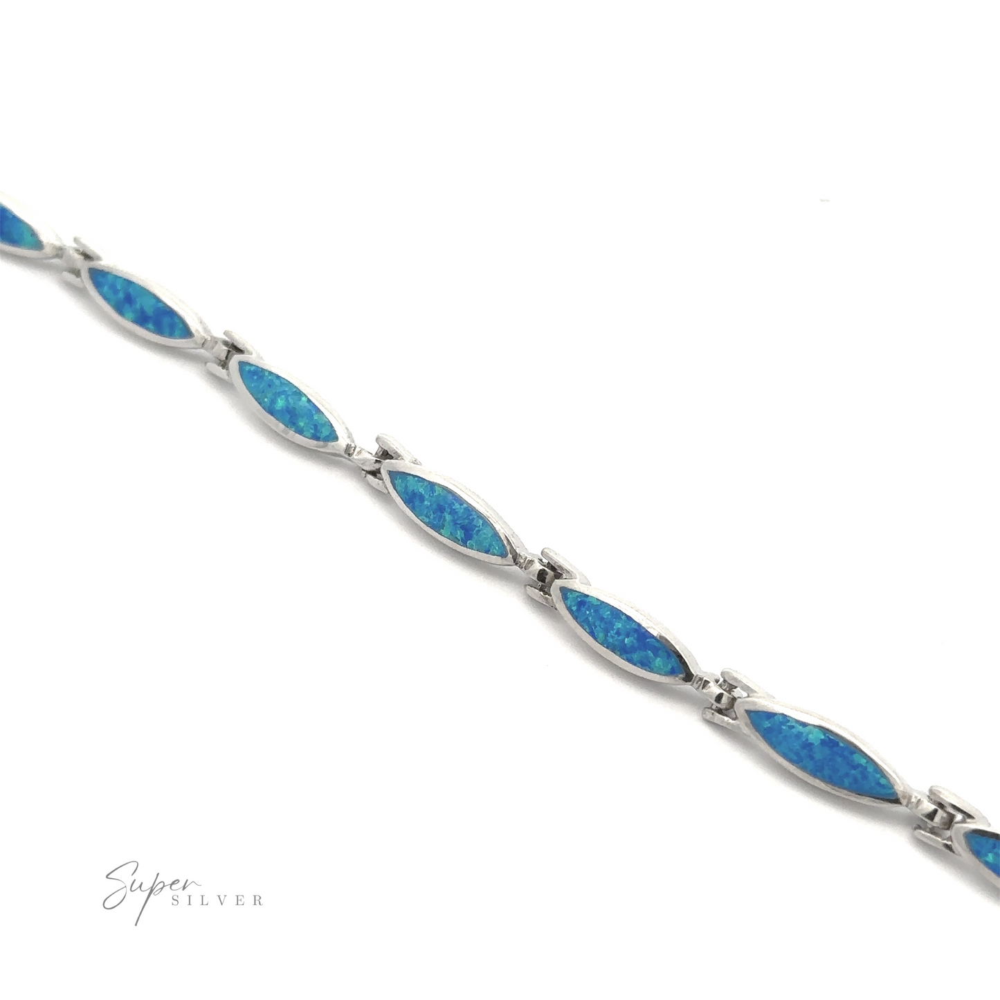 
                  
                    A Marquise Shaped Lab-Created Opal Bracelet made of .925 Sterling Silver is elegantly displayed on a white background, with the inscription "Super Silver" in the lower left corner.
                  
                