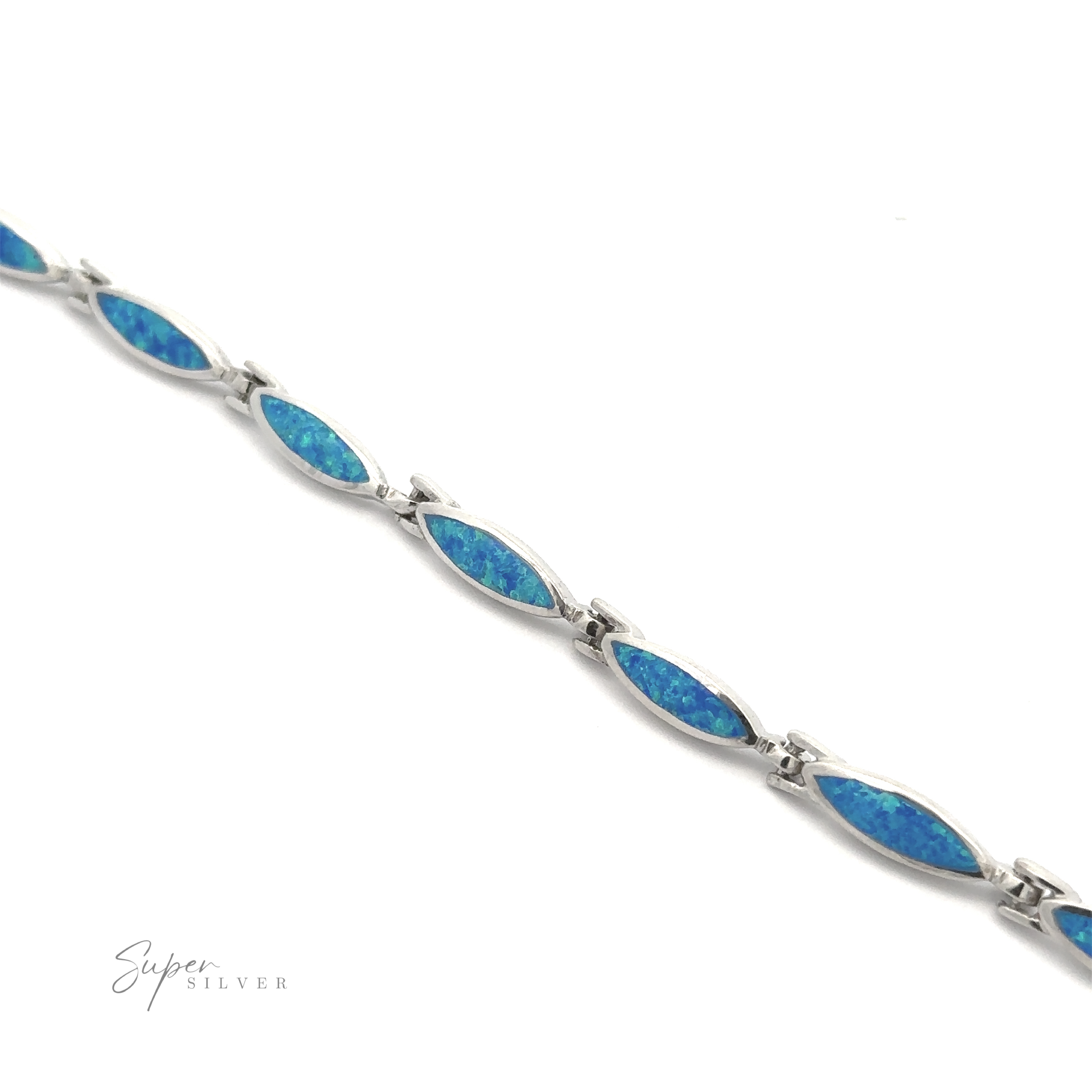 A Marquise Shaped Lab-Created Opal Bracelet made of .925 Sterling Silver is elegantly displayed on a white background, with the inscription "Super Silver" in the lower left corner.