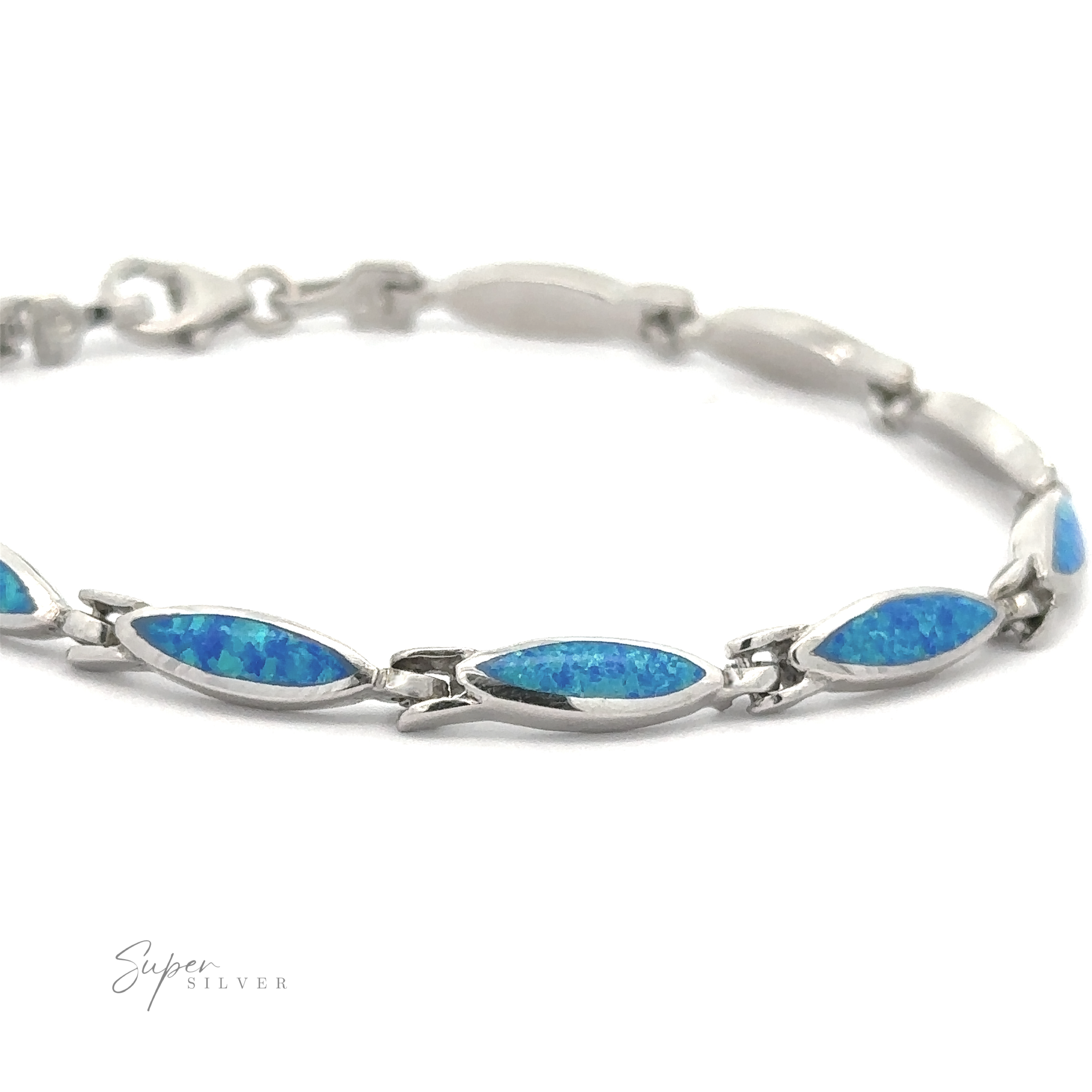 The Marquise Shaped Lab-Created Opal Bracelet is a stunning piece featuring lab-created opal inlays and a secure clasp closure, crafted from .925 Sterling Silver.