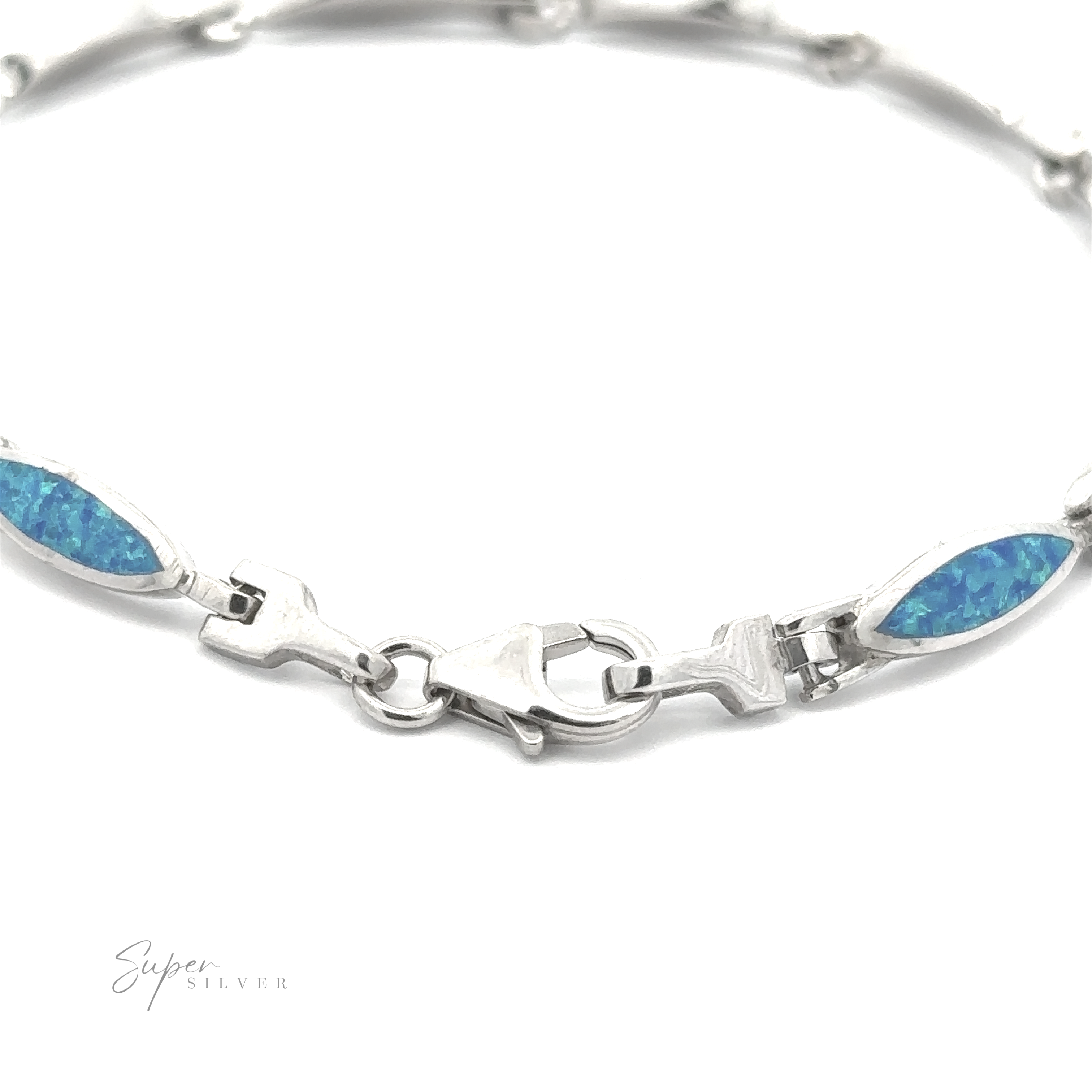 Introducing the Marquise Shaped Lab-Created Opal Bracelet: a stunning .925 Sterling Silver bracelet featuring captivating blue stone inlays and a central clasp for secure fastening. The modern design is adorned with lab-created opals. The background remains white, with "Super Silver" written in small text at the bottom left corner.