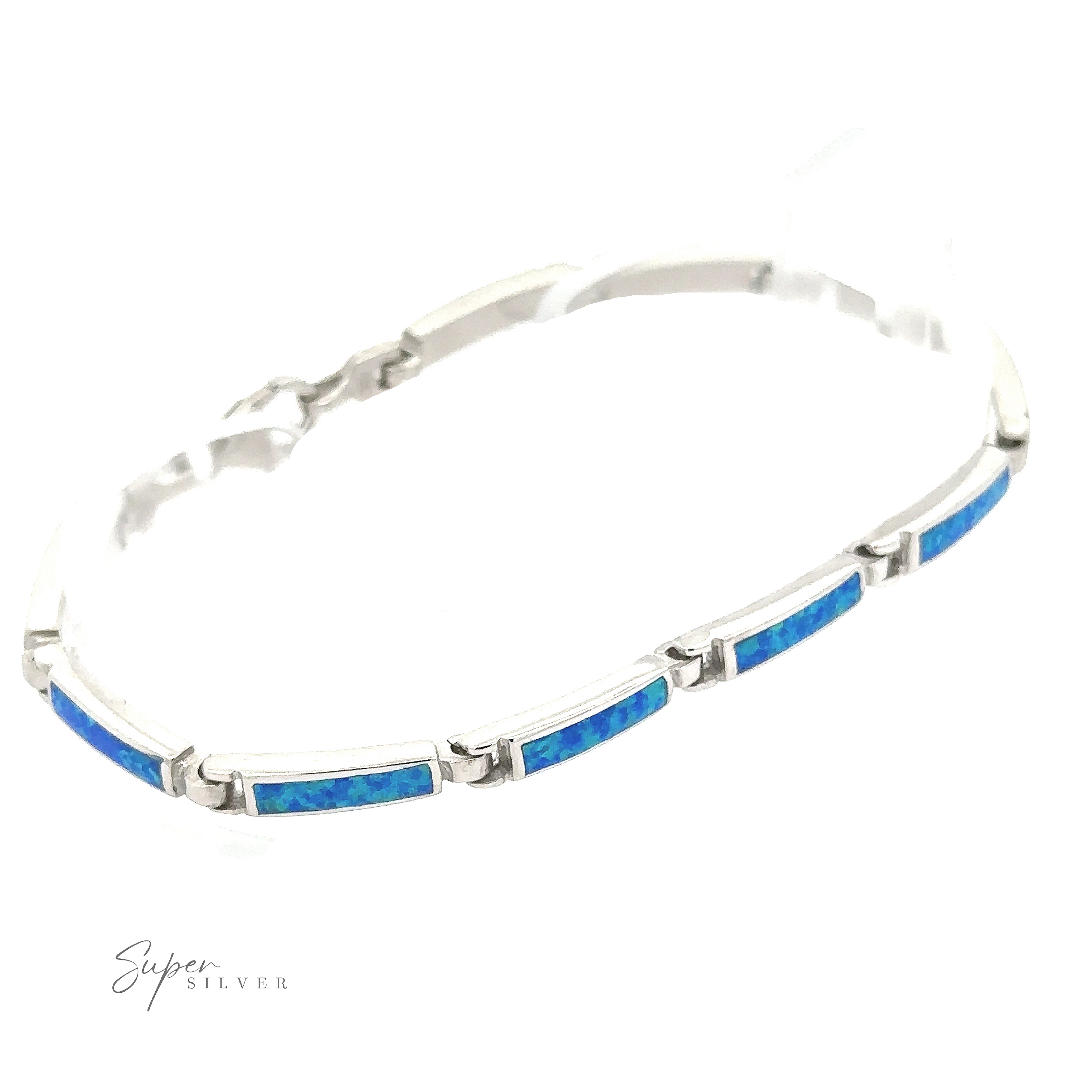 The Long Rectangle Lab-Created Opal Bracelet is a part of the Opal Glow Jewelry collection, featuring rectangular blue opal inlays set in sterling silver and secured with a lobster clasp, all elegantly displayed on a white background.