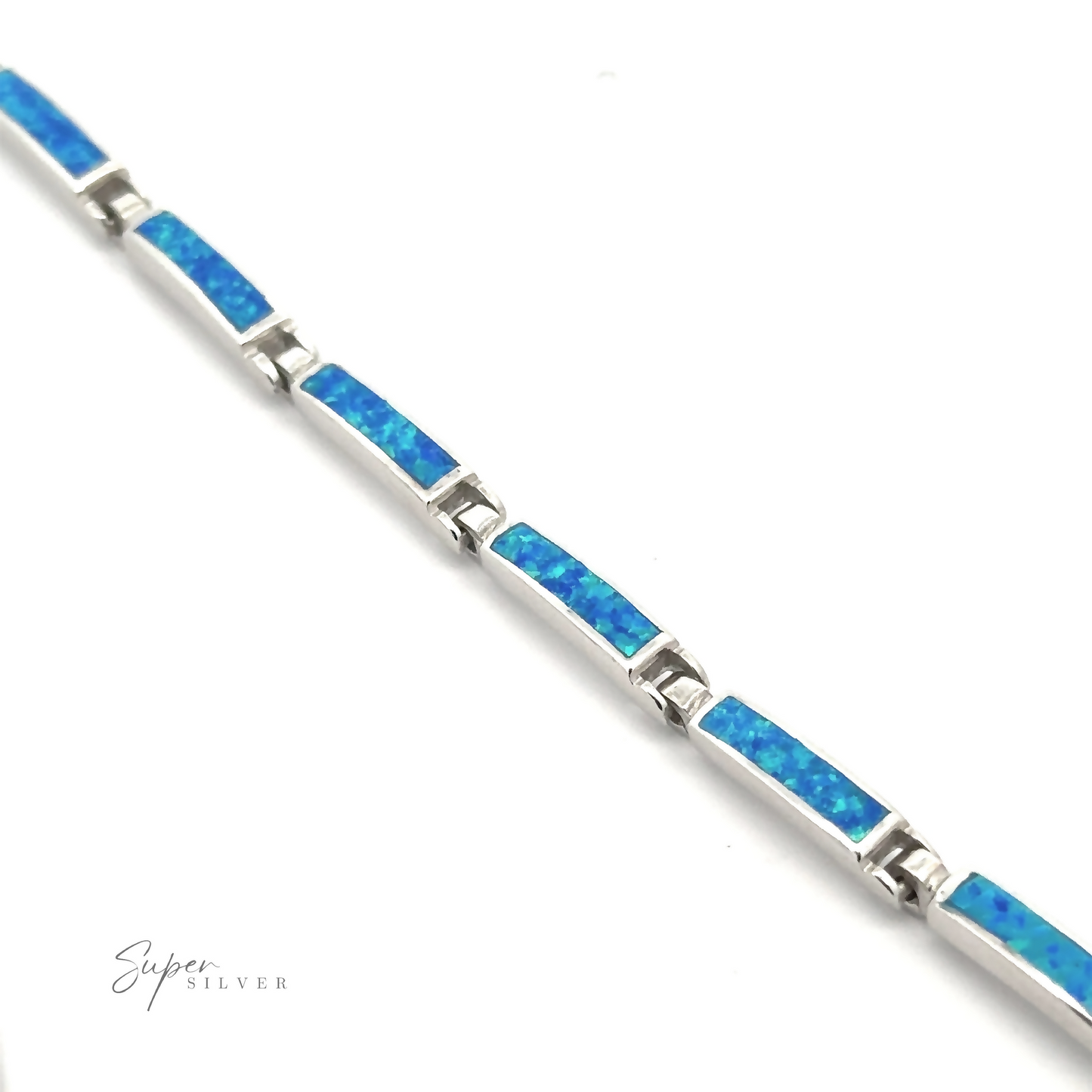 
                  
                    A Long Rectangle Lab-Created Opal Bracelet showcases lab-created opal inlays and features small connecting segments, set against a white background.
                  
                