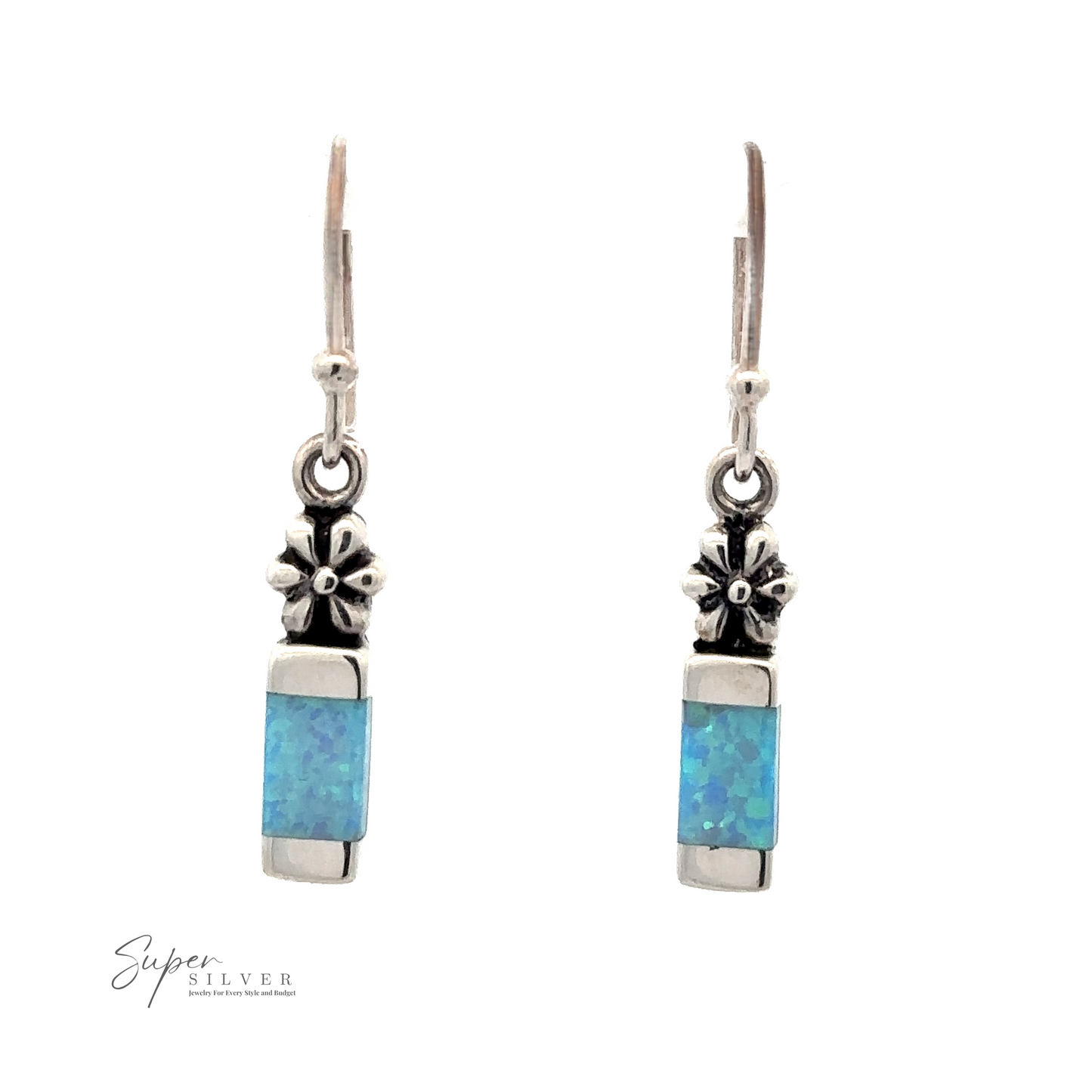 
                  
                    A pair of Blue Created Opal Earrings with Flower with small flower designs and rectangular blue stone inlays, crafted from .925 Sterling Silver. The brand name "Super Silver" is visible in the bottom left corner.
                  
                