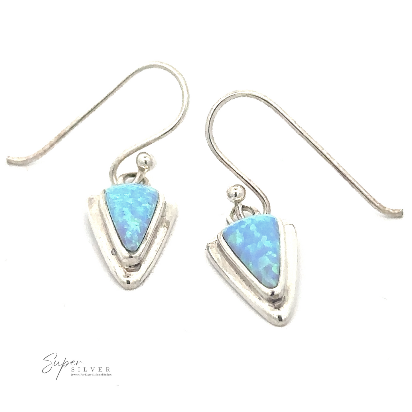 A pair of Blue Created Opal Triangle Earrings with triangular lab-created blue opal stones set in a silver frame, displayed on a white background. The branding "Super Silver" is visible at the bottom left corner.