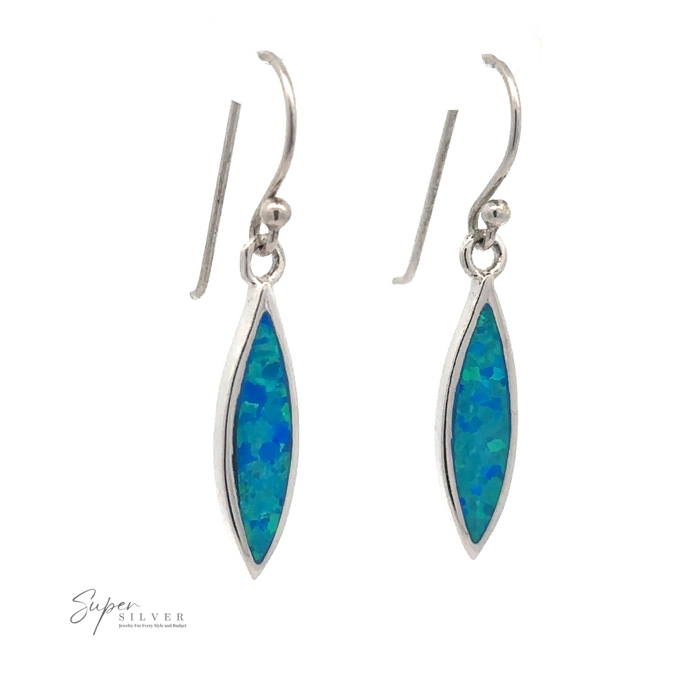 A pair of Lab-Created Opal Marquise Earrings, rhodium-plated sterling silver showcasing blue and green lab-created opal inlays, displayed against a white background. The "Super Silver" logo is visible at the bottom left corner.