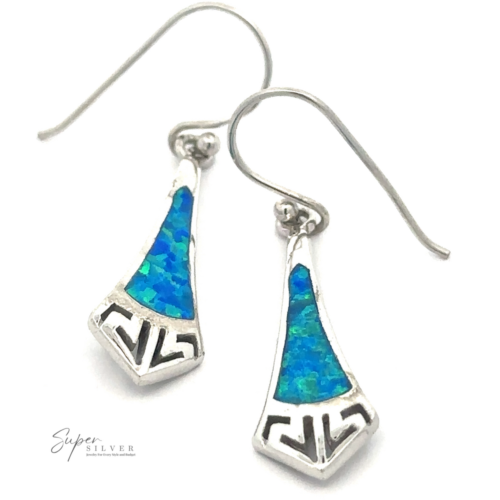 A pair of Blue Created Opal Elongated Tie Shape Earrings. The earrings have hook fastenings.