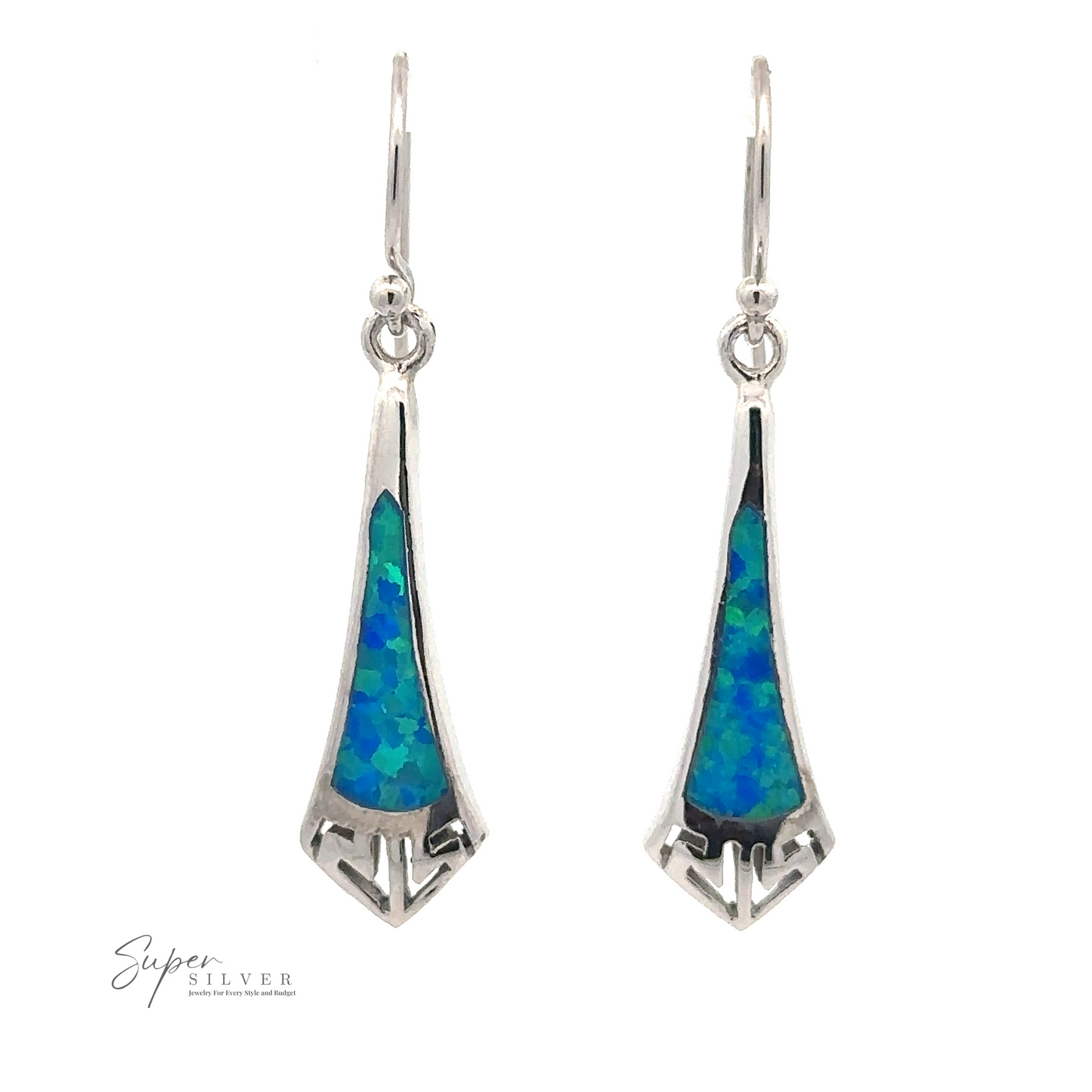 
                  
                    A pair of Blue Created Opal Elongated Tie Shape Earrings each featuring a blue created opal inlay. The earrings hang from simple hooks and boast a geometric cut-out design at the bottom.
                  
                