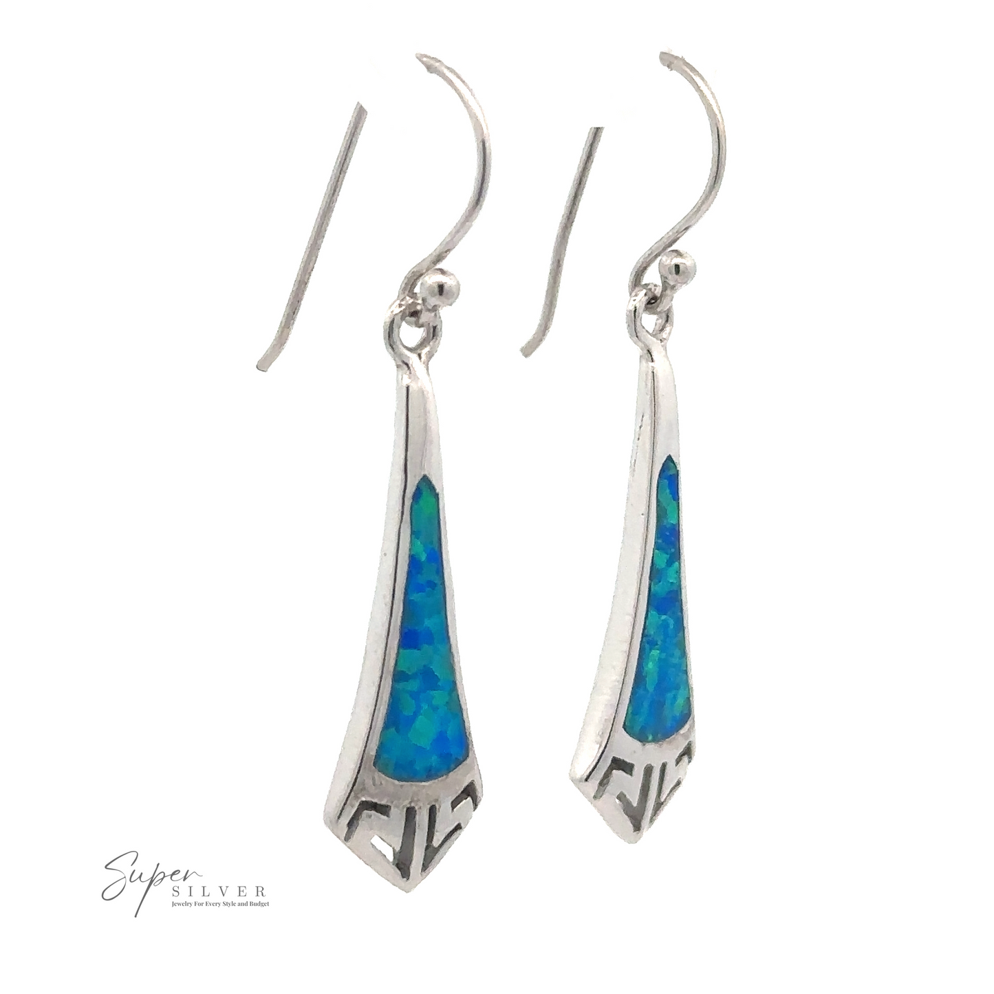 A pair of Blue Created Opal Elongated Tie Shape Earrings, featuring delicate cut-out details and blue-green inlay designs, displayed against a white background.