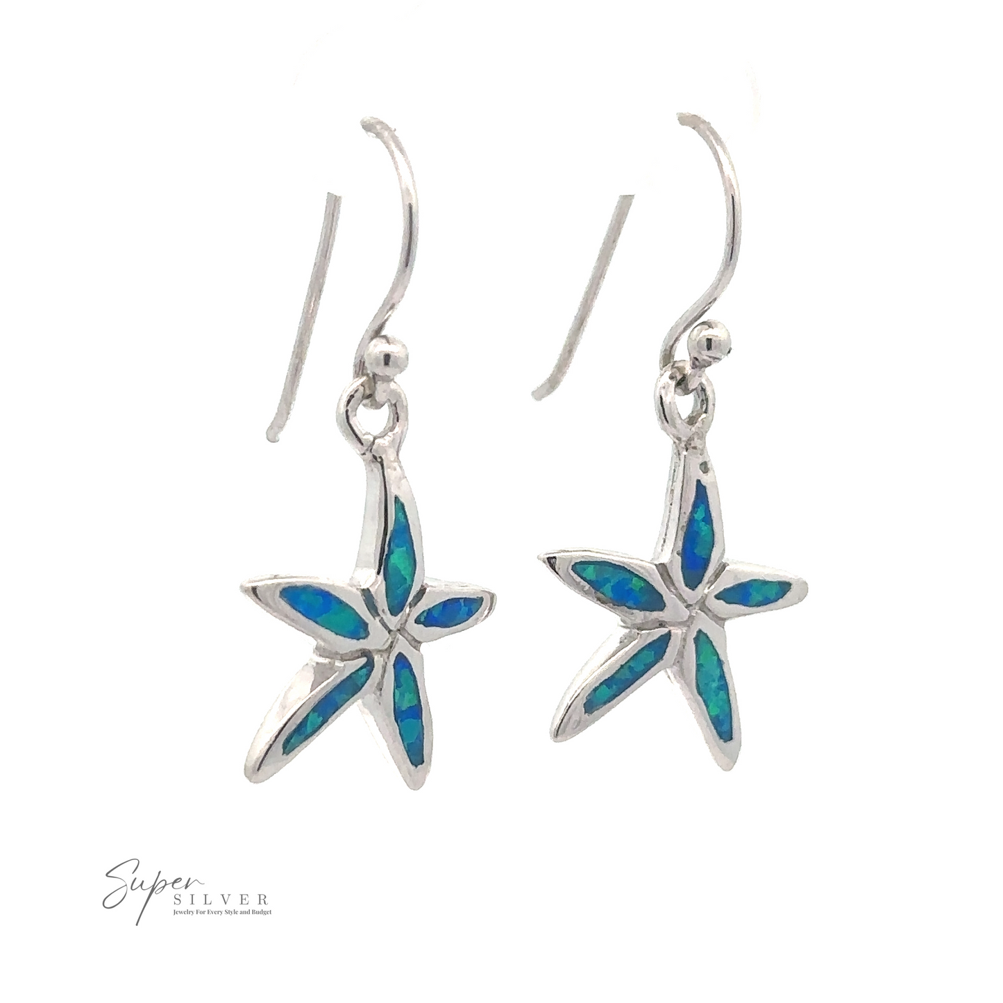 A pair of Lab-Created Opal Star Fish Earrings made of sterling silver with dazzling blue-green inlays, hanging from hooks. The logo "Super Silver" is visible at the bottom left.