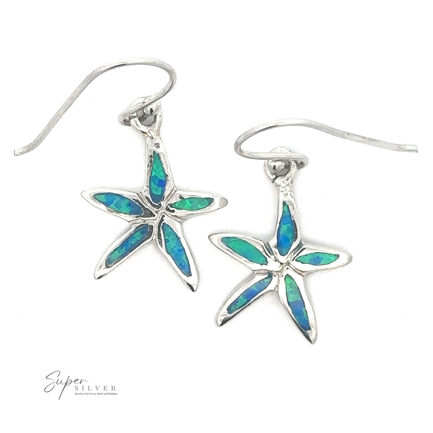 
                  
                    A pair of Lab-Created Opal Star Fish Earrings with dazzling blue and green inlays, featuring hook-style backs.
                  
                