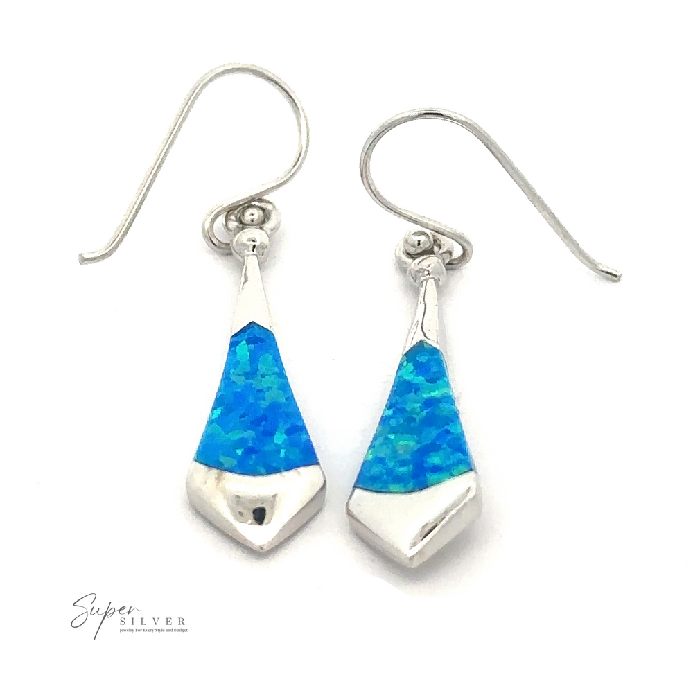 A pair of Lab-Created Opal Tie Earrings featuring blue and green created opal-like inlays. The earrings have a sleek, geometric design with hook-style backs. The image background is plain white.