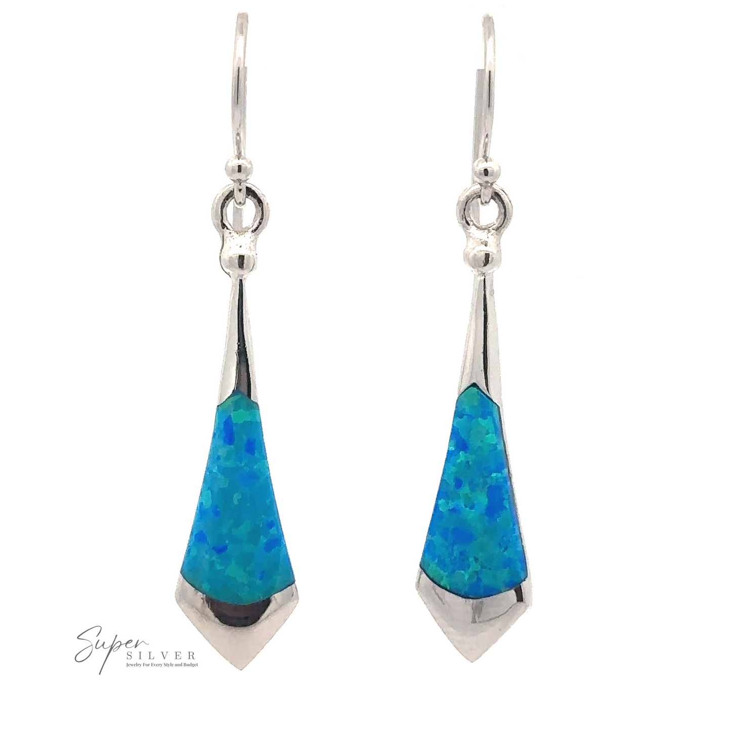 
                  
                    A pair of Lab-Created Opal Tie Earrings, featuring elongated diamond shapes and hook fastenings.
                  
                