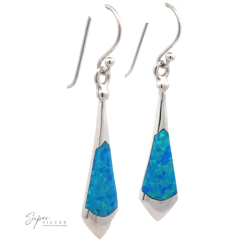 A pair of Lab-Created Opal Tie Earrings with lab-created blue opal inlays, featuring hook clasps and an elongated, geometric design.