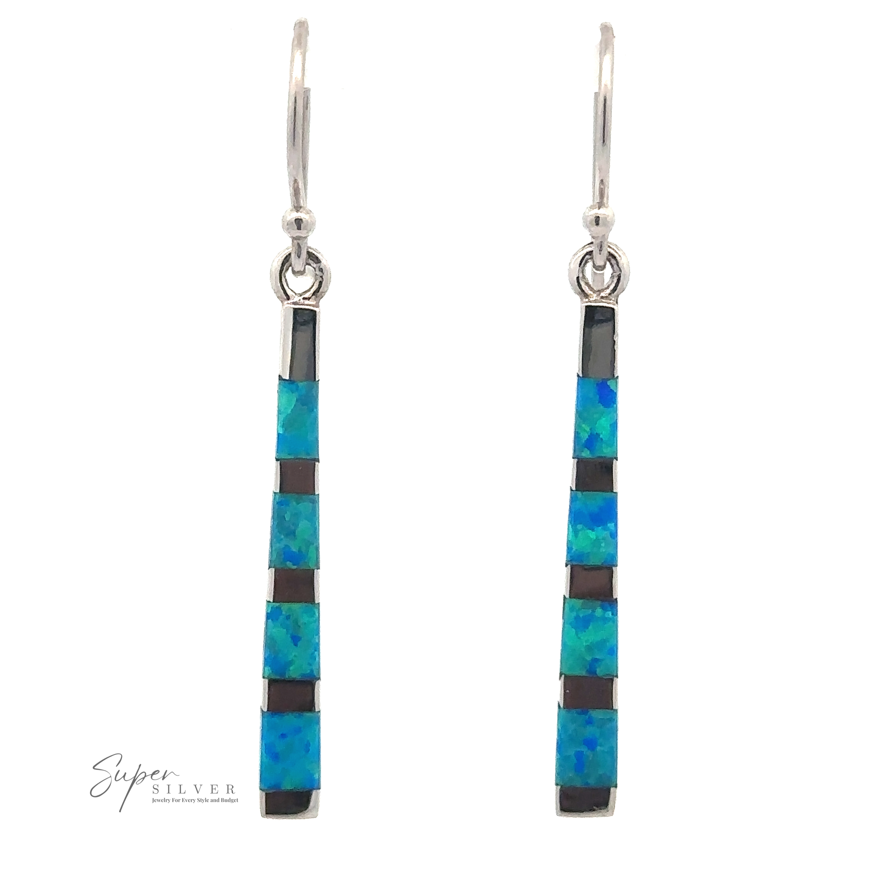 A pair of Blue Created Opal Rectangle Earrings featuring a vertical gradient design with blue and black sections. The brand "Super Silver" is visible in the bottom left corner.