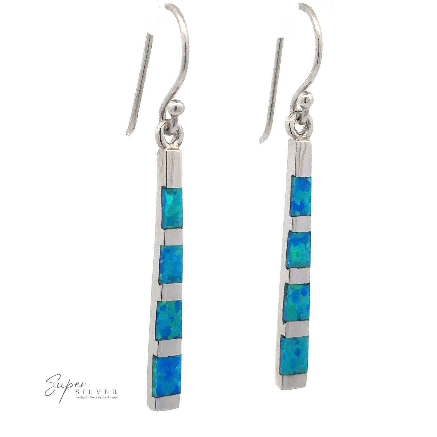 A pair of Blue Created Opal Rectangle Earrings with four rectangular blue-green stones, resembling stunning blue created opal, arranged vertically. The rectangle earrings feature hook clasps and are crafted from rhodium-plated sterling silver. The brand "Super Silver" is visible in the bottom left corner.