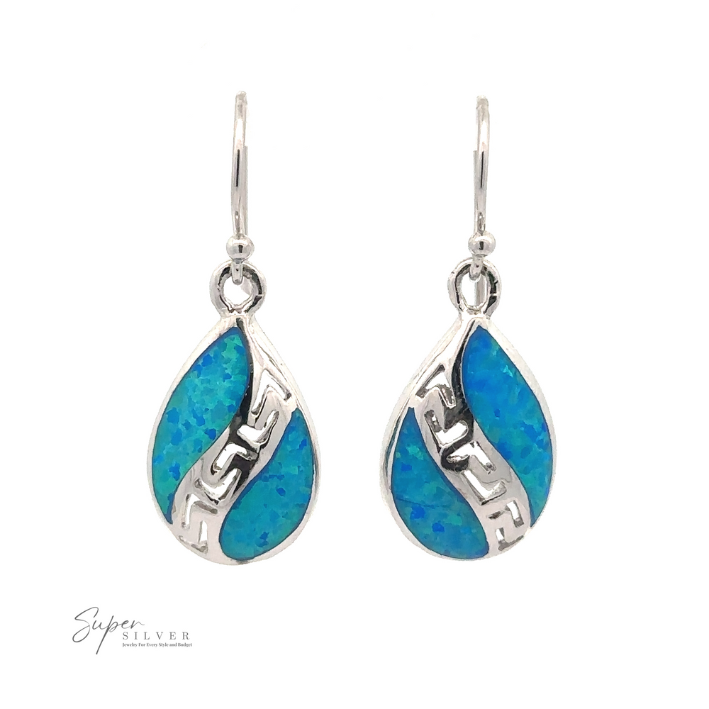 
                  
                    A pair of Lab-Opal Teardrop Earrings With Swirl Designs featuring blue inlay designs and silver accents, hanging from simple silver hooks, crafted with Rhodium Plated .925 Sterling Silver.
                  
                