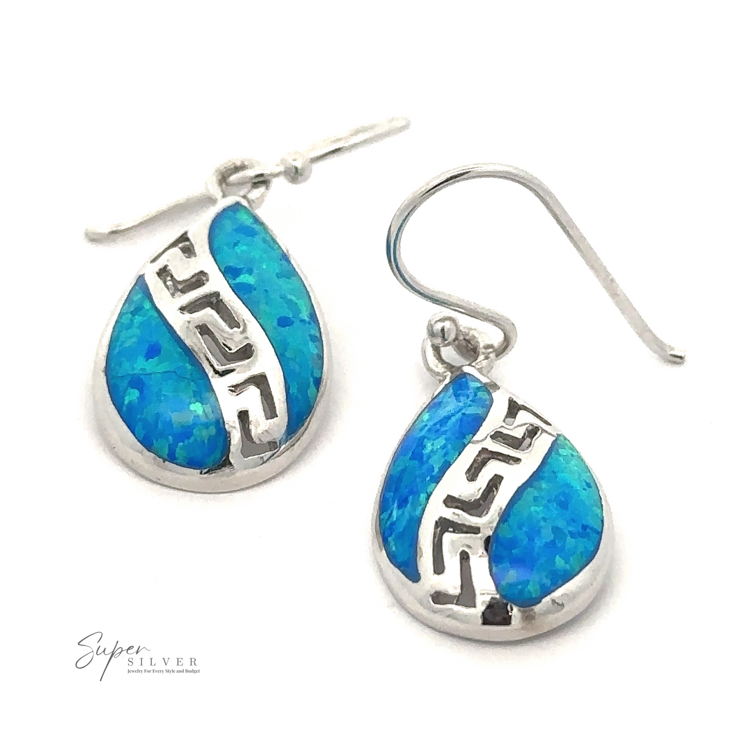 Teardrop-shaped earrings with blue stone inlays and intricate Greek spiral designs. Crafted from Rhodium Plated .925 Sterling Silver, the hooks are attached for wearing. The image features the "Lab-Opal Teardrop Earrings With Swirl Designs" brand logo at the bottom left corner.
