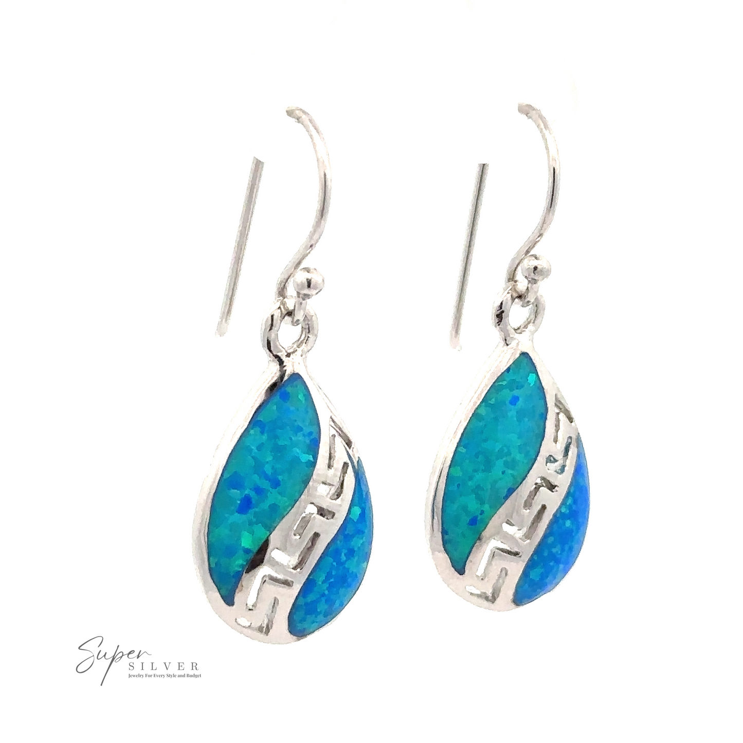 A pair of Lab-Opal Teardrop Earrings With Swirl Designs, displayed on a white background.
