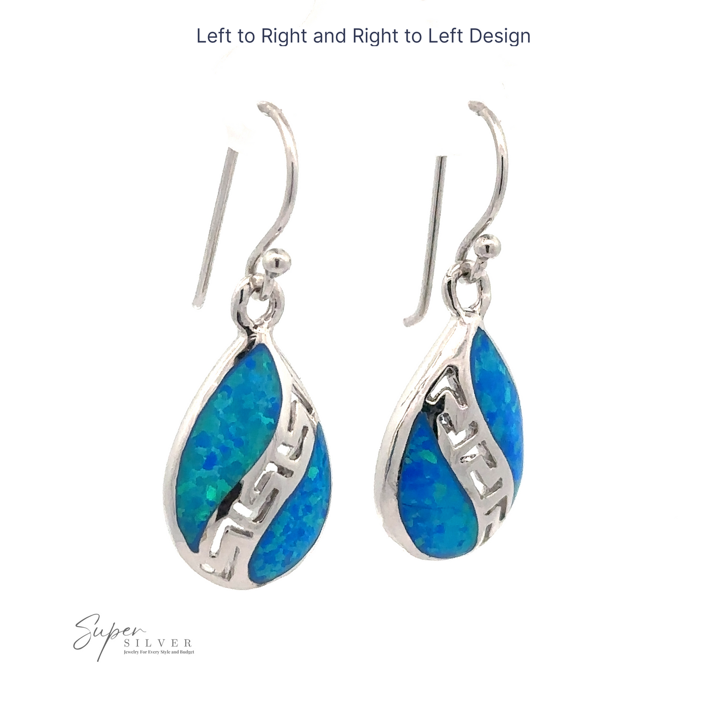 
                  
                    A pair of Lab-Opal Teardrop Earrings With Swirl Designs featuring blue teardrop stones, adorned with a wavy Greek spiral design in Rhodium Plated .925 Sterling Silver. The earrings have hooks for wearing.
                  
                