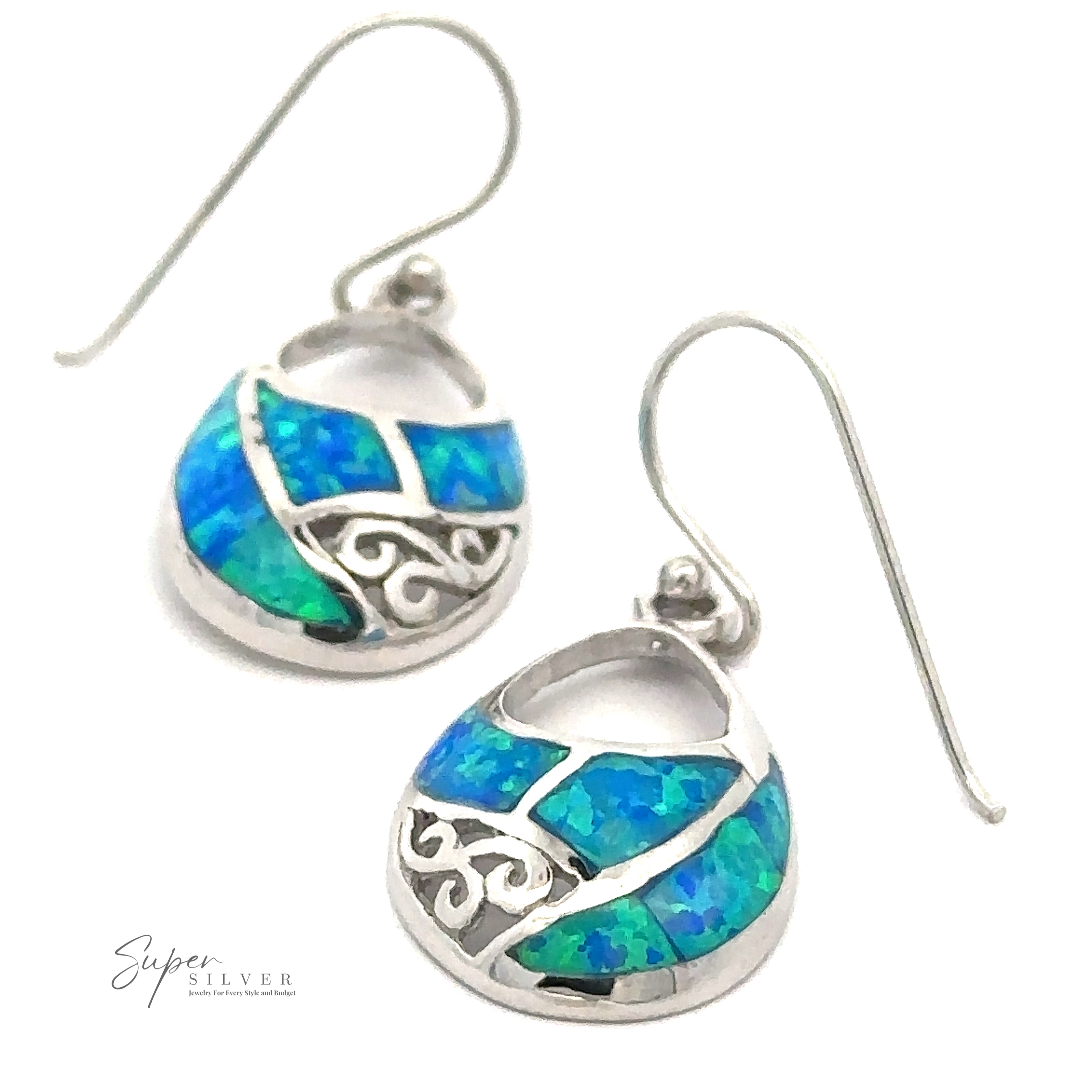Blue Lab-Created Opal Teardrop Earrings in sterling silver feature blue and green opal inlays with decorative swirl patterns, shown against a white background.