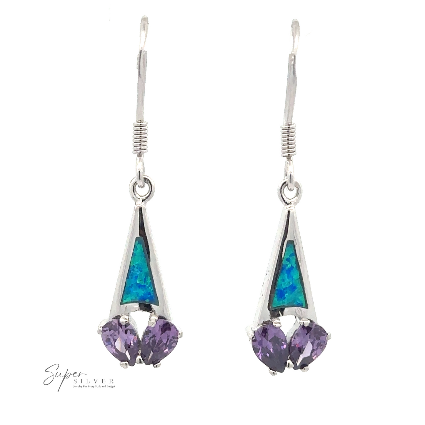 
                  
                    A pair of Created Opal Earrings with Purple Cubic Zirconia featuring triangular turquoise inlays and three stunning purple CZ stones at the bottom. The brand name "Super Silver" is visible in the bottom left corner.
                  
                