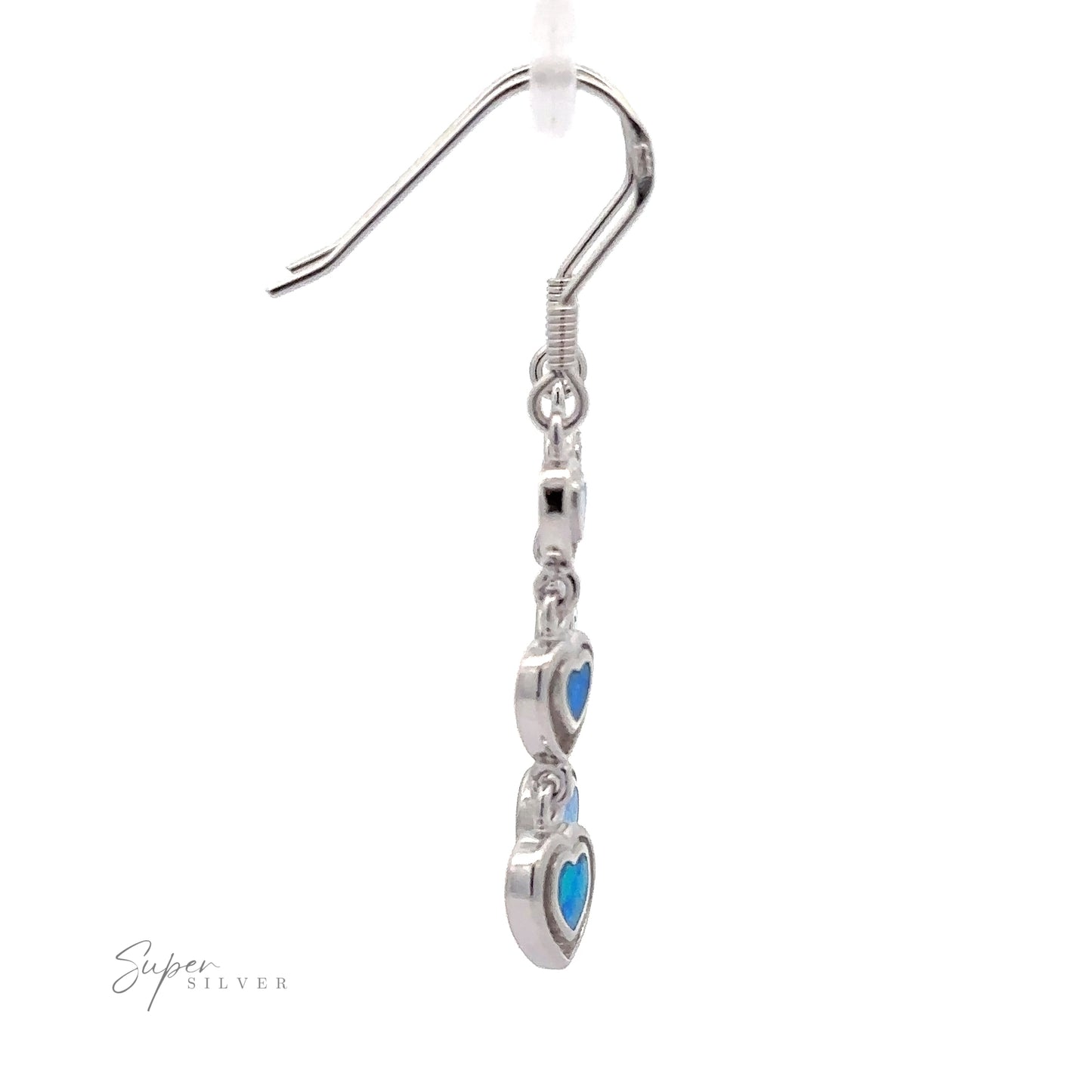 
                  
                    Dangling Lab-Created Opal Heart Earrings in sterling silver, featuring two heart-shaped opals, isolated on a white background. The logo at the bottom left reads "Super Silver.
                  
                