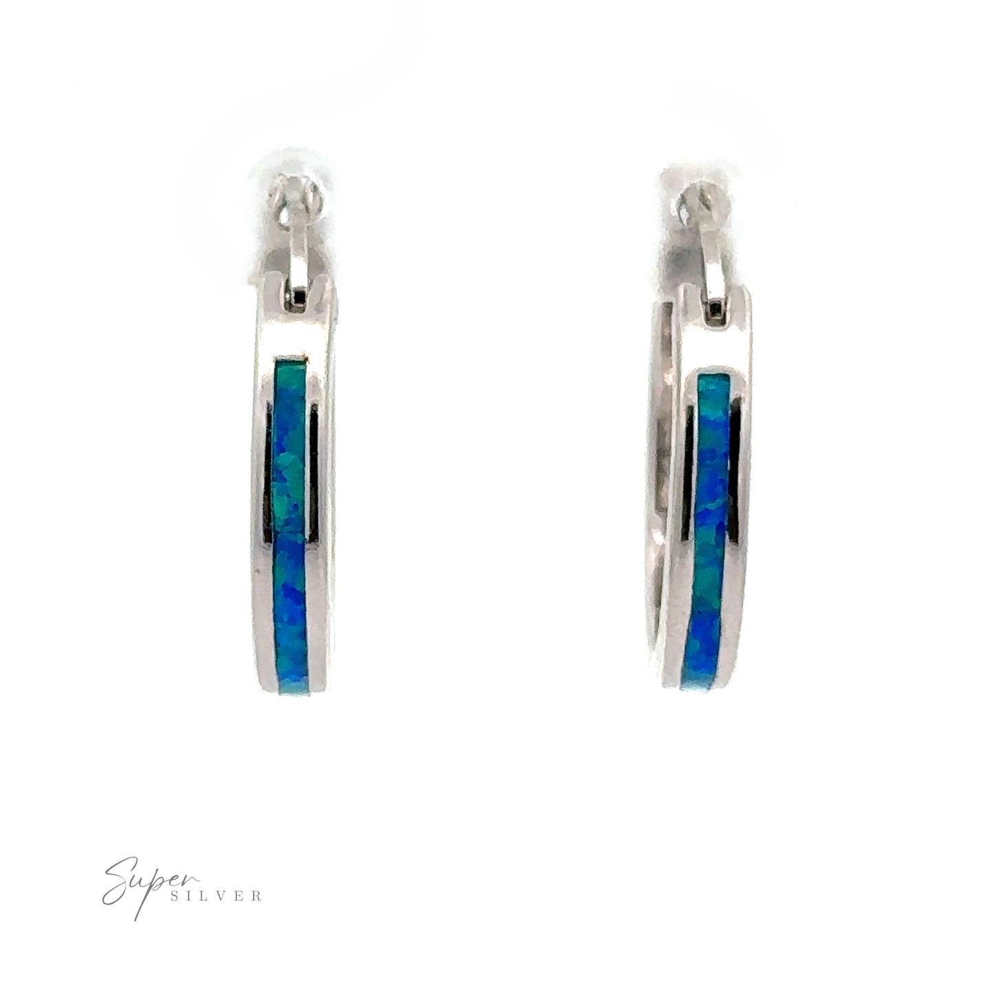 
                  
                    Product Name: Blue Lab-Created Opal Hoop Earrings with a white background featuring a rhodium finish and striking blue lab-created opal inlay.
                  
                