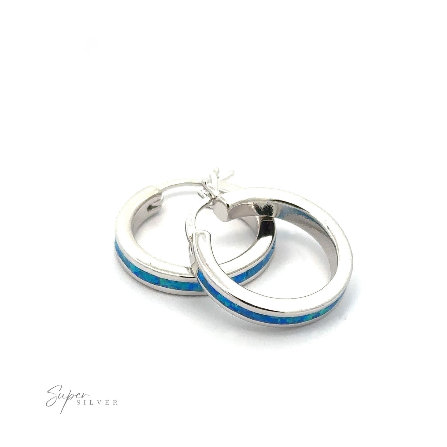 
                  
                    Two Blue Lab-Created Opal Hoop Earrings with a rhodium finish on a white background.
                  
                