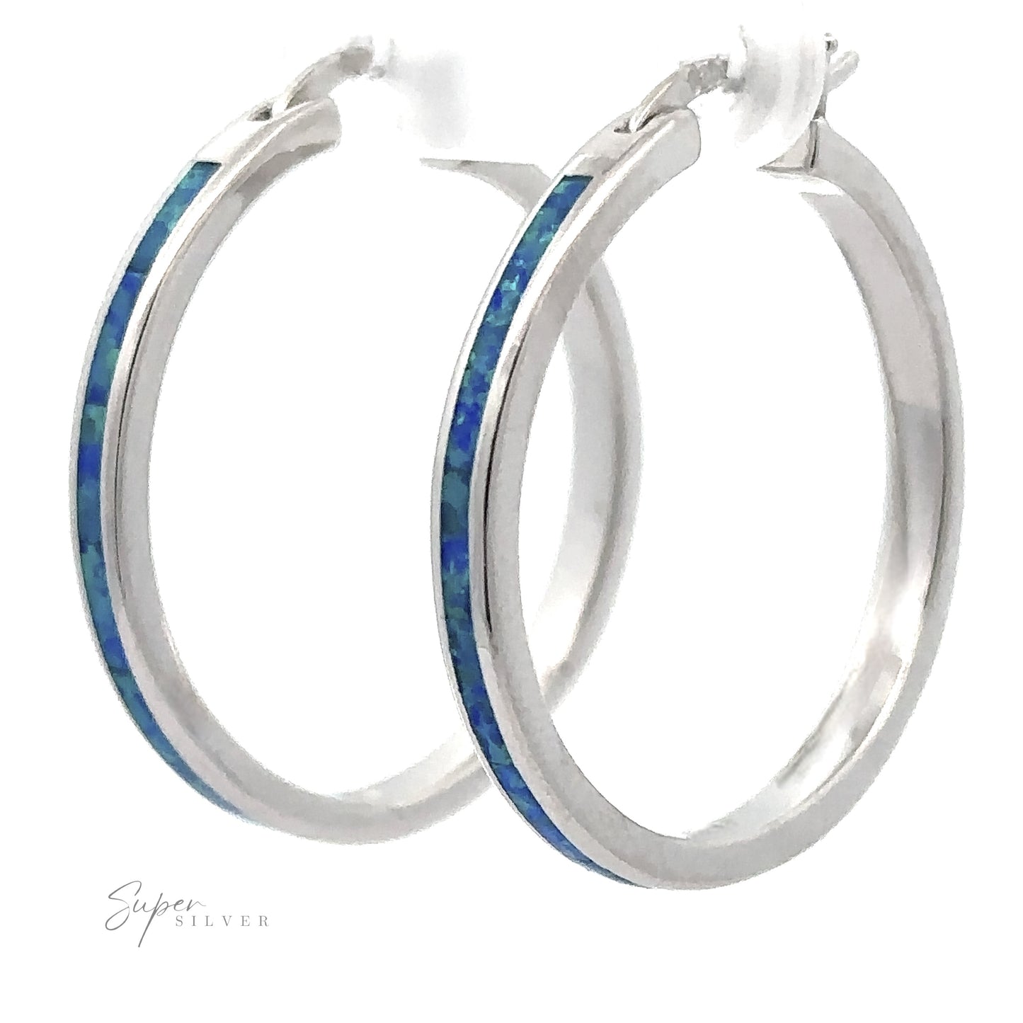 
                  
                    Blue Lab-Created Opal Hoop Earrings with a stunning inlay and a rhodium-enhanced finish.
                  
                