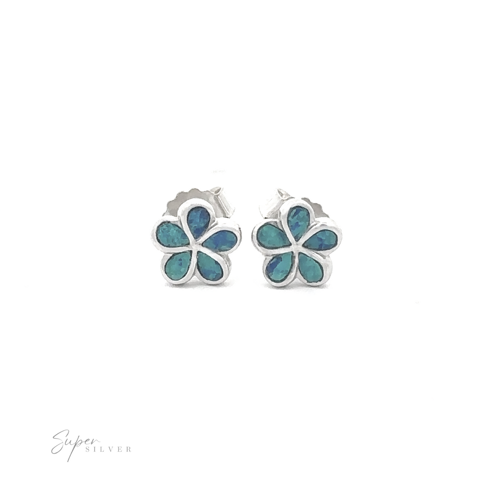 A pair of Small Plumeria Lab-Created Opal Stud Earrings featuring blue and green lab-created opal inlays.