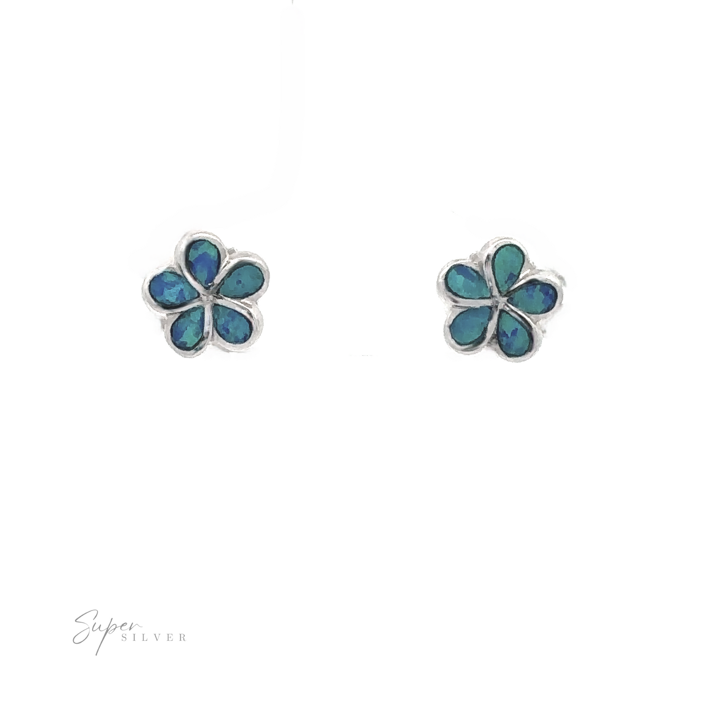 
                  
                    The Small Plumeria Lab-Created Opal Stud Earrings feature delicate blue and turquoise petals set in a sterling silver frame, highlighted with blue lab-created opal, and are displayed on a white background.
                  
                