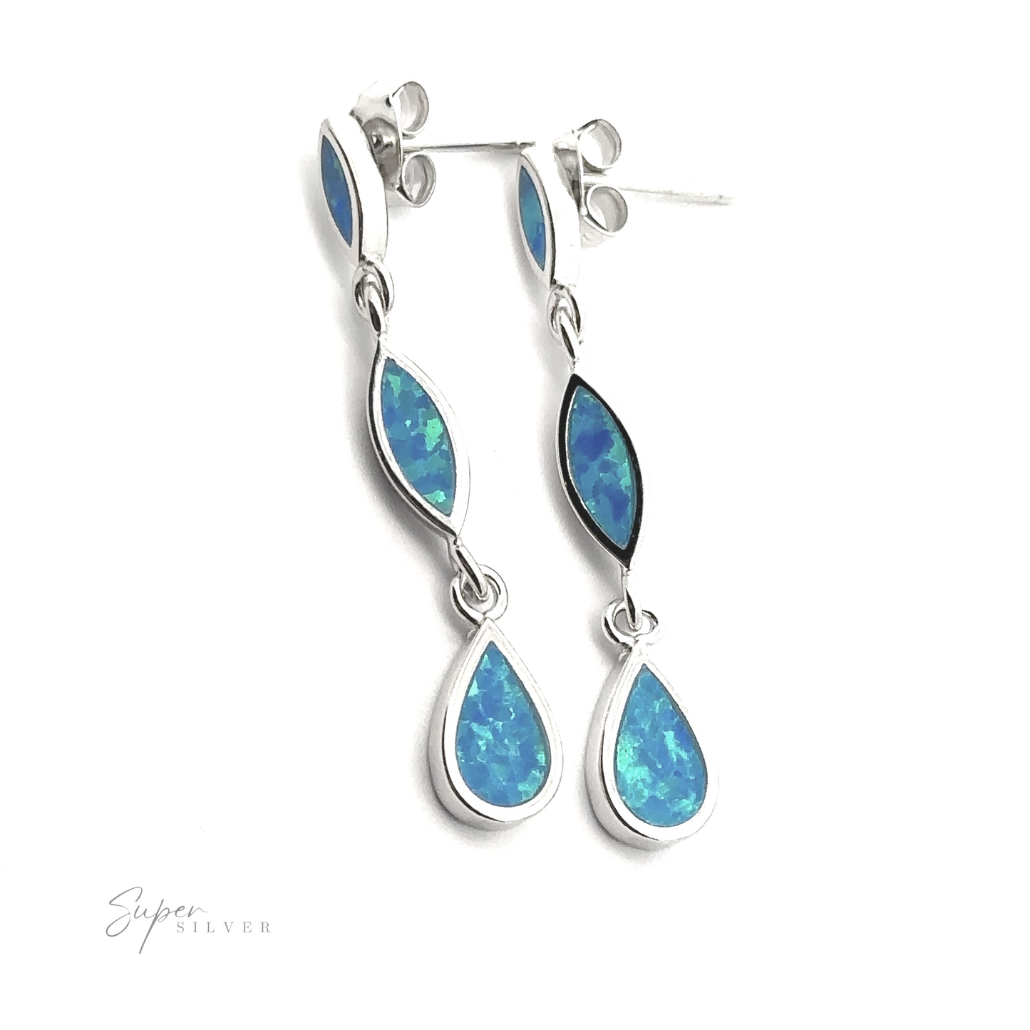 
                  
                    A pair of Elegant Lab-Created Opal Earrings in sterling silver, featuring marquise and teardrop-shaped blue opal stones with a post and butterfly back closure.
                  
                