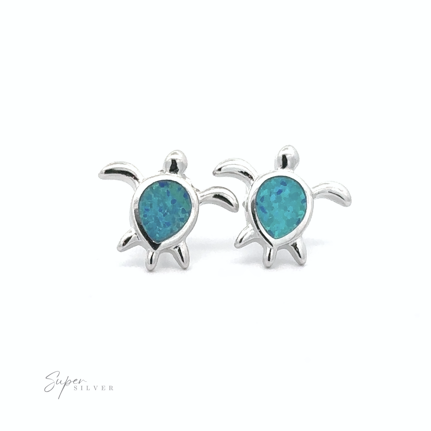 
                  
                    A pair of Simple Lab-Created Opal Turtle Studs featuring sterling silver sea turtles with a blue opal inlay set against a white background. The "Super Silver" logo is positioned at the bottom left corner.
                  
                