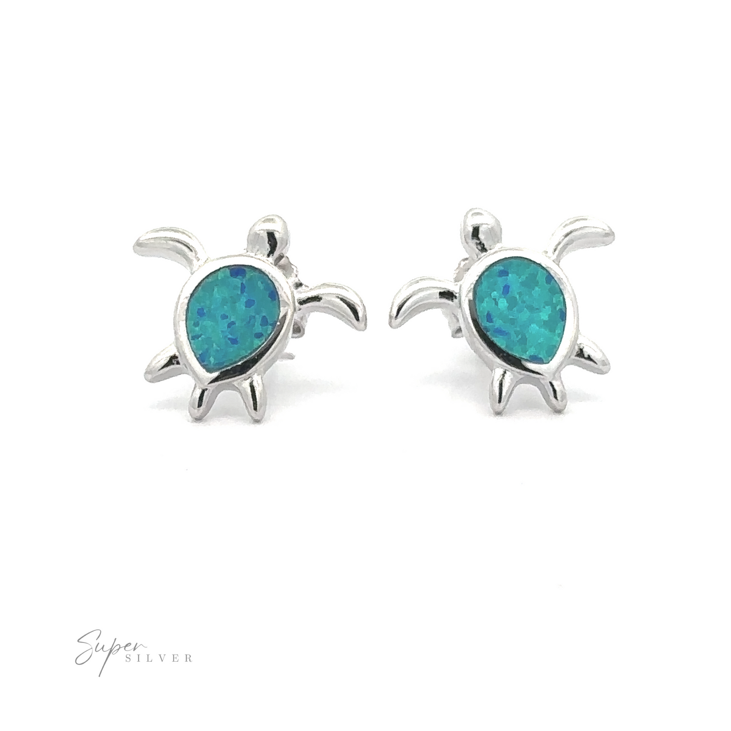 
                  
                    A pair of Simple Lab-Created Opal Turtle Studs, featuring sterling silver sea turtles with lab-created blue-green opal inlaid shells, displayed against a white background.
                  
                