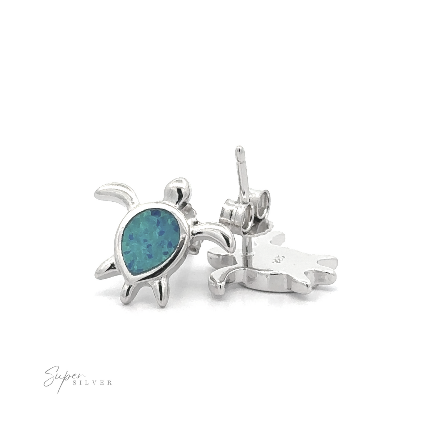 
                  
                    The Simple Lab-Created Opal Turtle Studs showcase lab-created blue opal inlays, exquisitely set against a white background.
                  
                