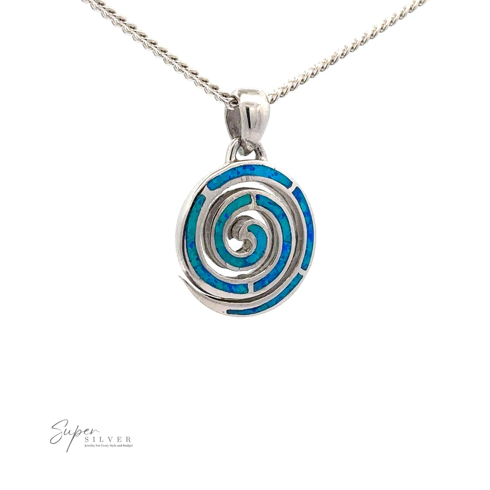 An Opal Spiral Pendant attached to a rhodium finish chain.