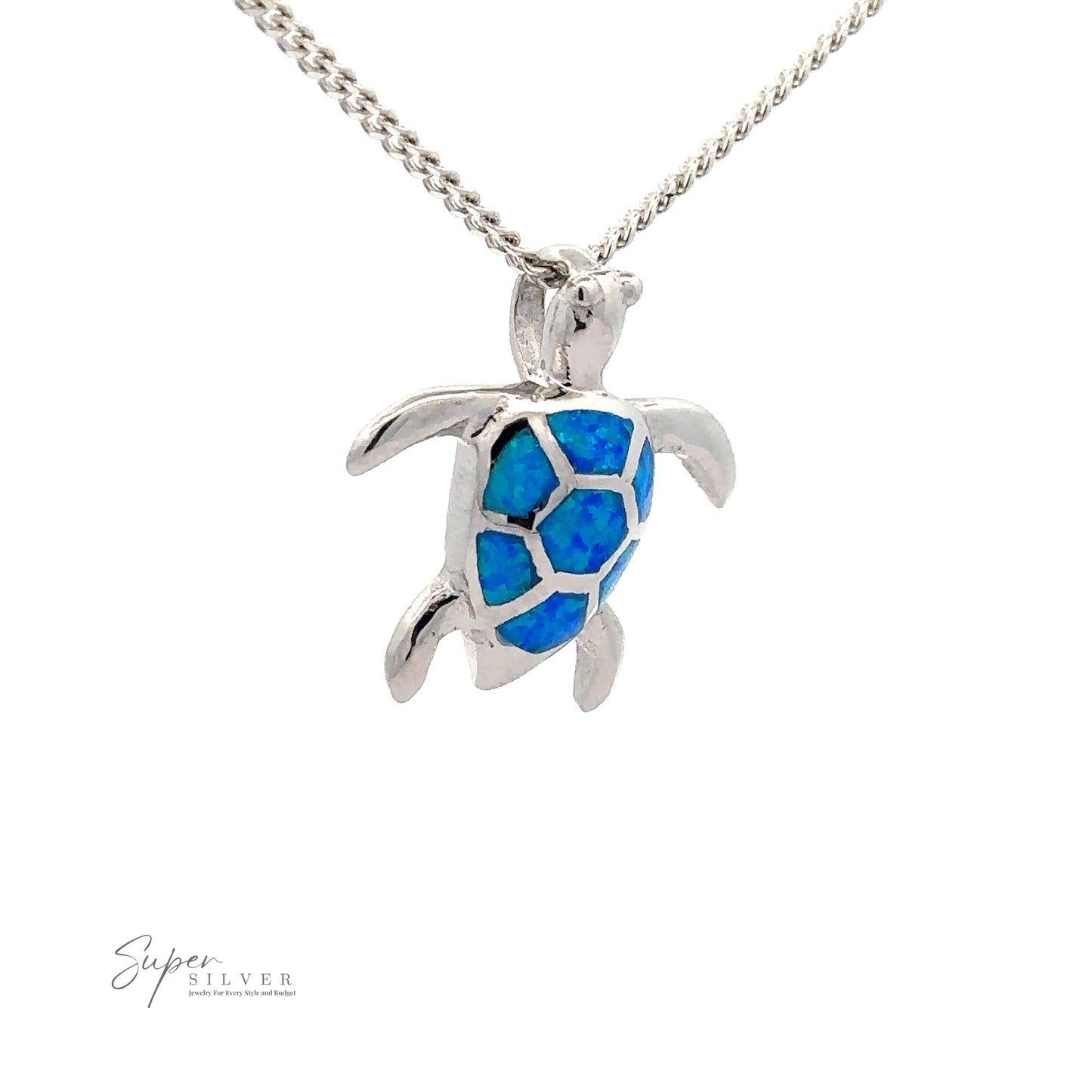 A sterling silver necklace featuring an Opal Sea Turtle Pendant.