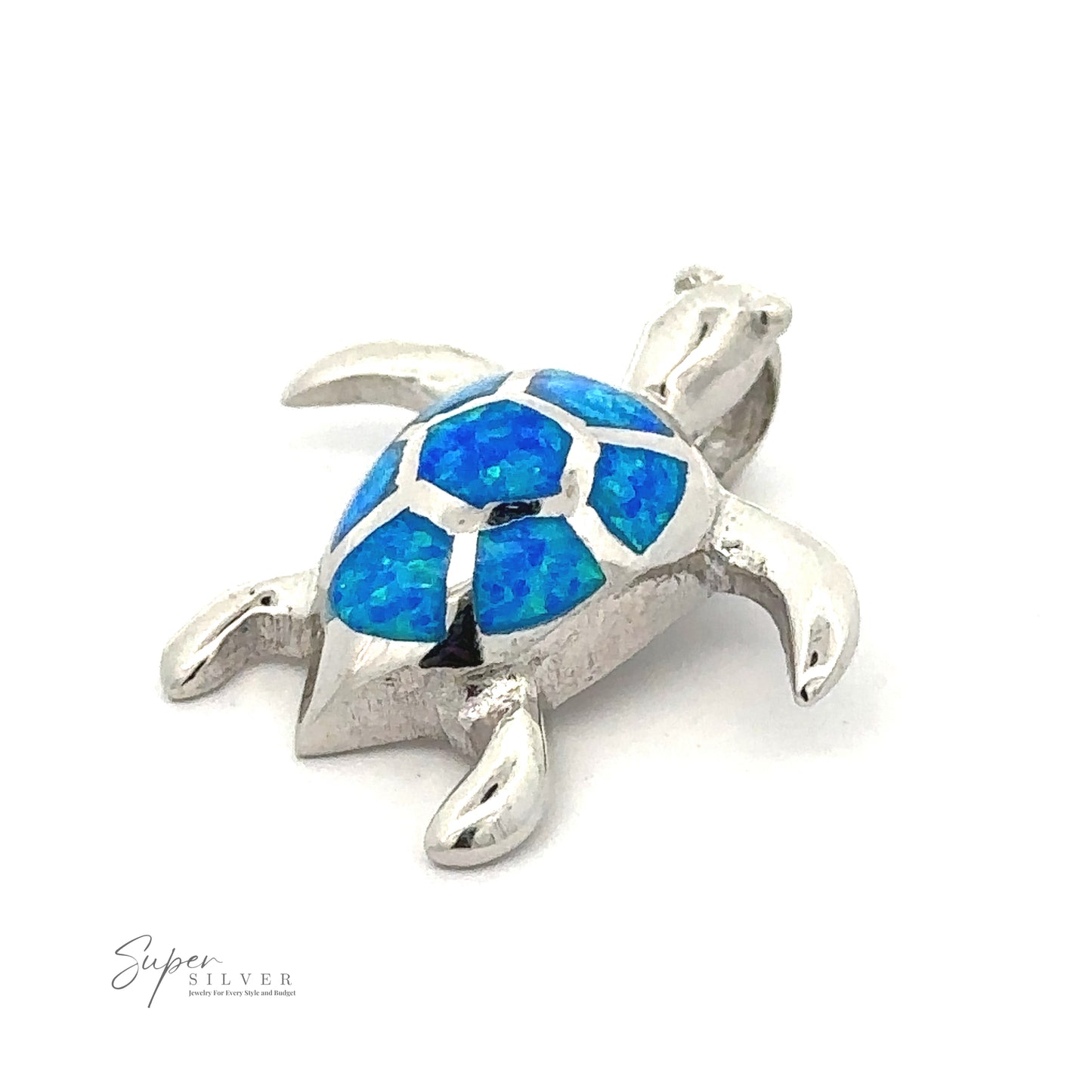 A Sterling Silver sea turtle pendant with a blue mosaic-patterned shell. The pendant is labeled "Opal Sea Turtle Pendant" in the bottom left corner.