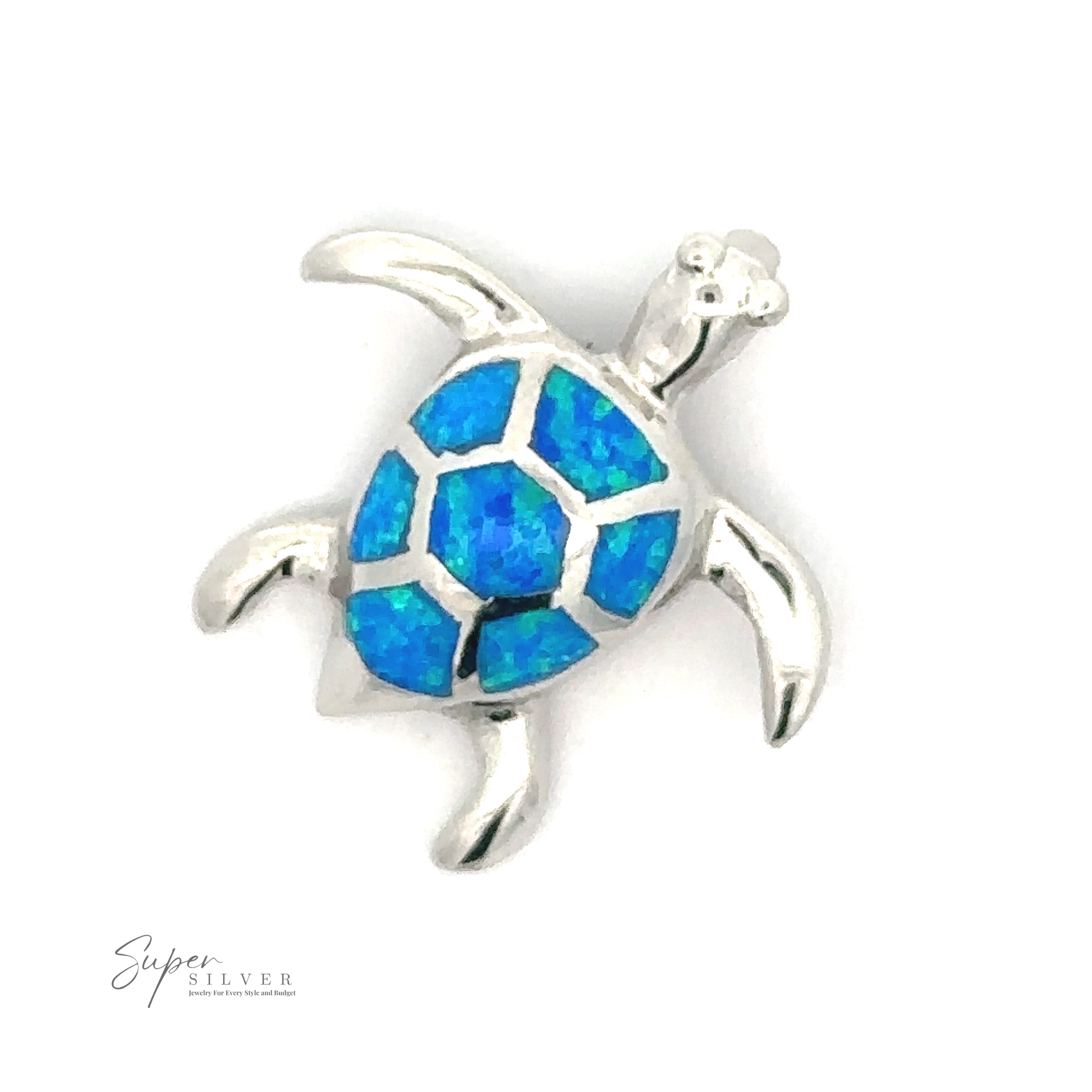 A sterling silver necklace featuring a stunning Opal Sea Turtle Pendant with blue gemstone inlays on its shell, seen against a white background. The lower left corner displays the logo "Super Silver.